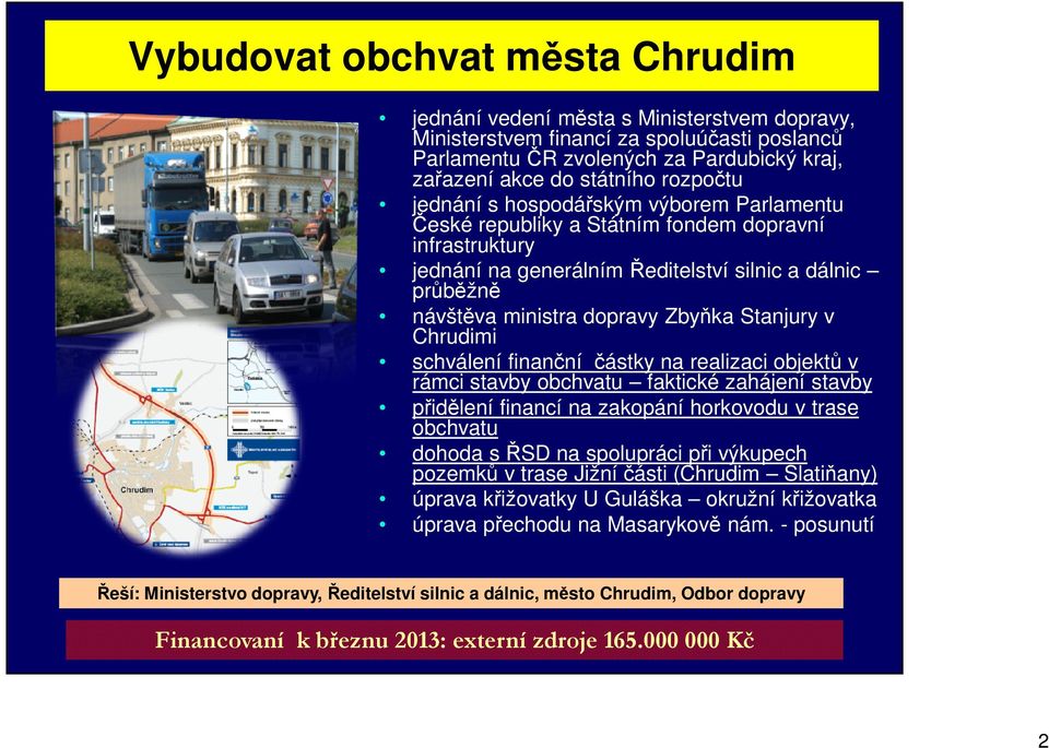 Stanjury v Chrudimi schválení finanční částky na realizaci objektů v rámci stavby obchvatu faktické zahájení stavby přidělení financí na zakopání horkovodu v trase obchvatu dohoda s ŘSD na spolupráci