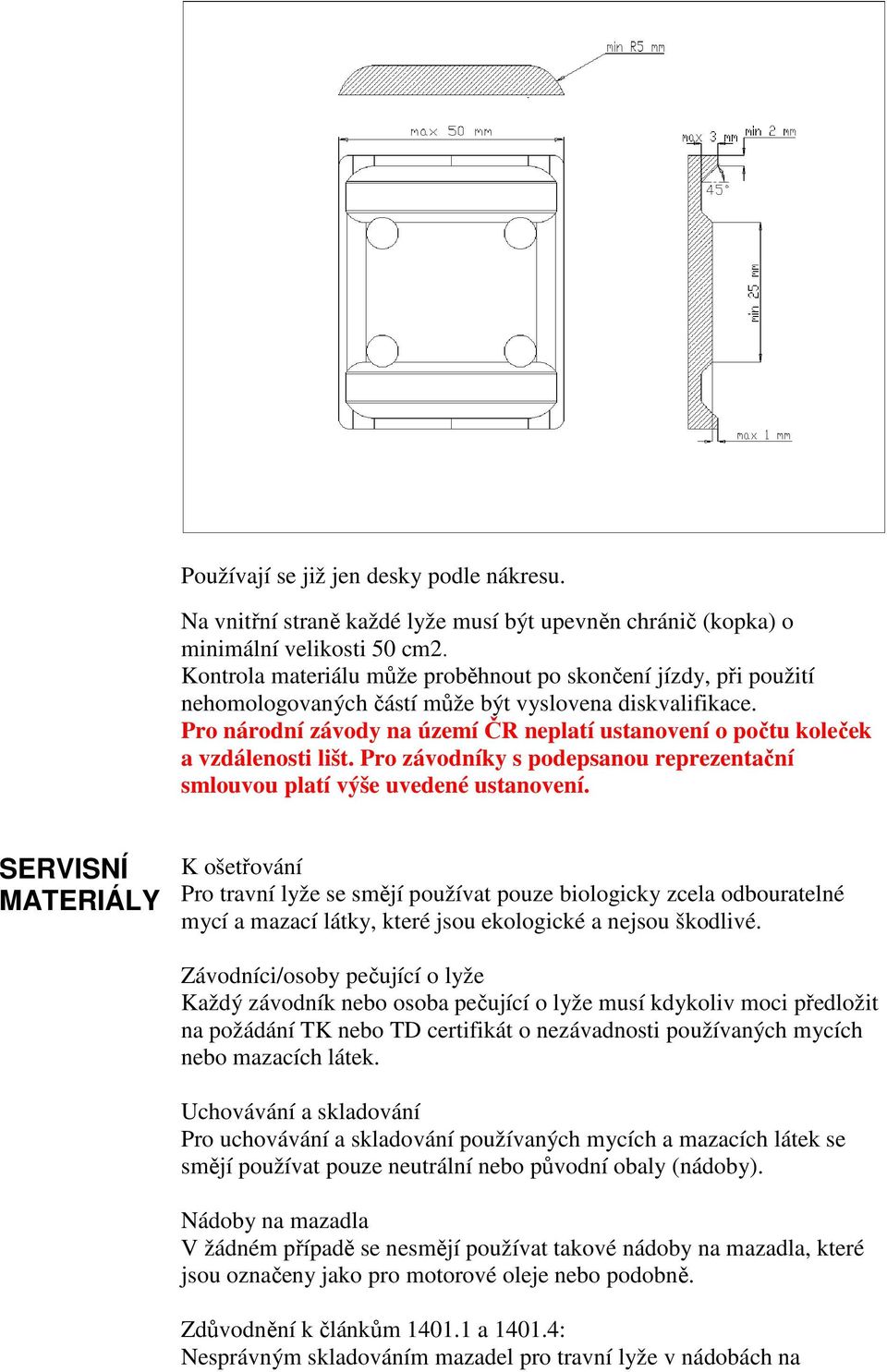 Pro národní závody na území ČR neplatí ustanovení o počtu koleček a vzdálenosti lišt. Pro závodníky s podepsanou reprezentační smlouvou platí výše uvedené ustanovení.