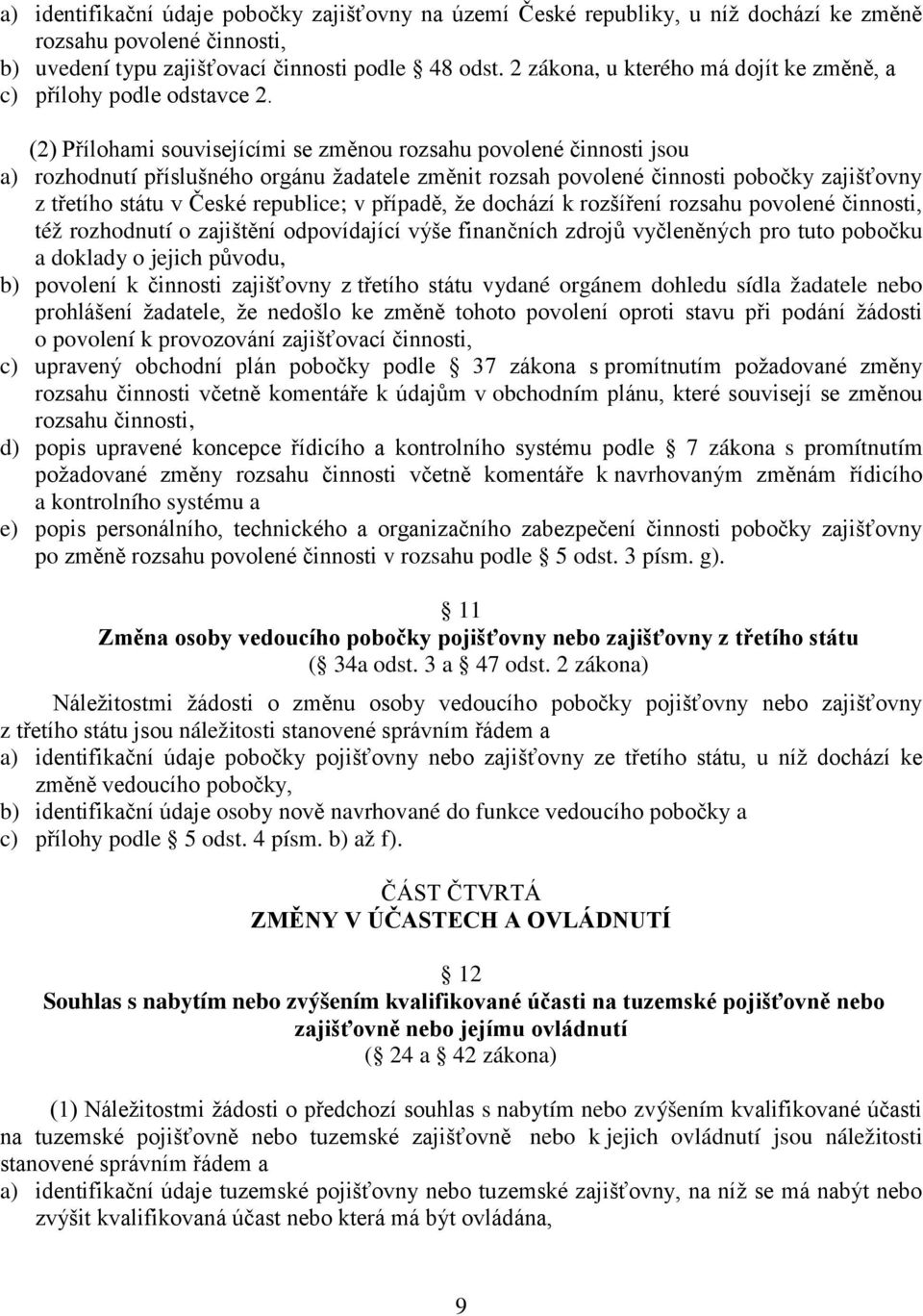 (2) Přílohami souvisejícími se změnou rozsahu povolené činnosti jsou a) rozhodnutí příslušného orgánu žadatele změnit rozsah povolené činnosti pobočky zajišťovny z třetího státu v České republice; v