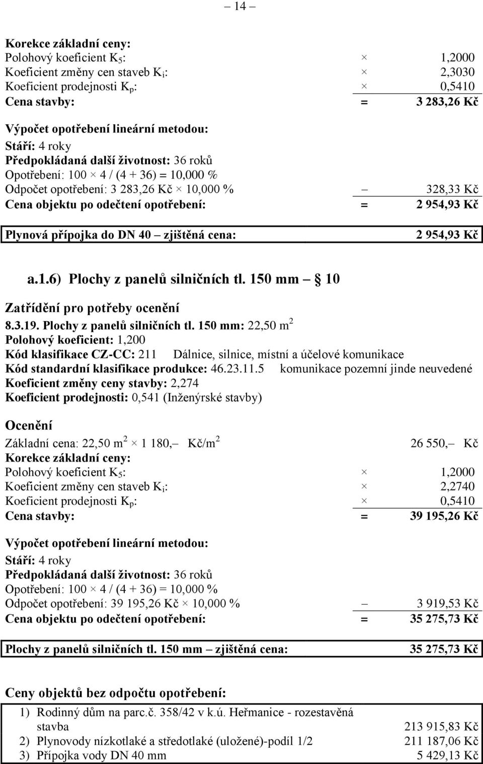 Plynová přípojka do DN 40 zjištěná cena: 2 954,93 Kč a.1.6) Plochy z panelů silničních tl.