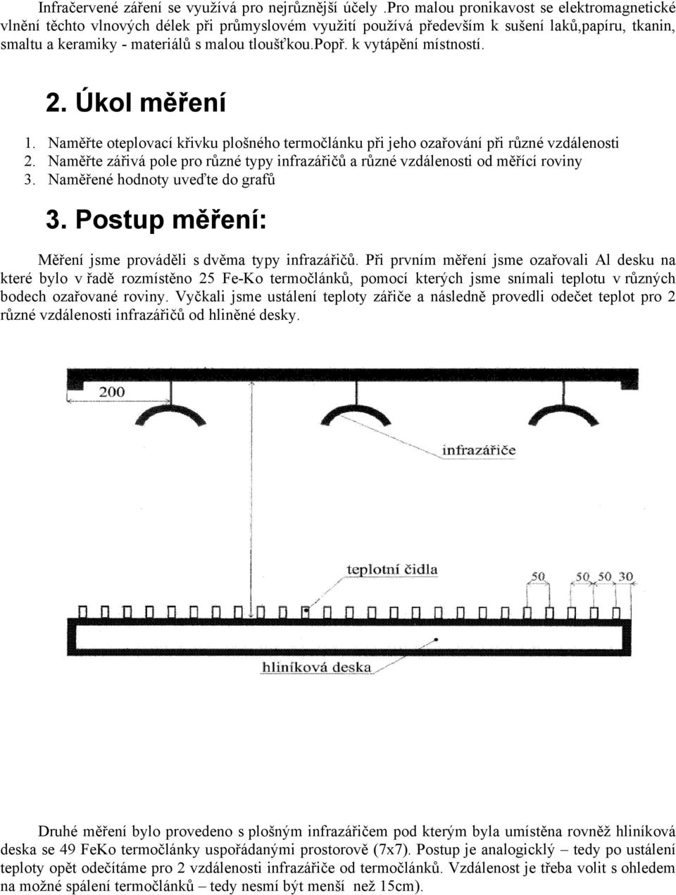 k vytápění místností. 2. Úkol měření 1. Naměřte oteplovací křivku plošného termočlánku při jeho ozařování při různé vzdálenosti 2.