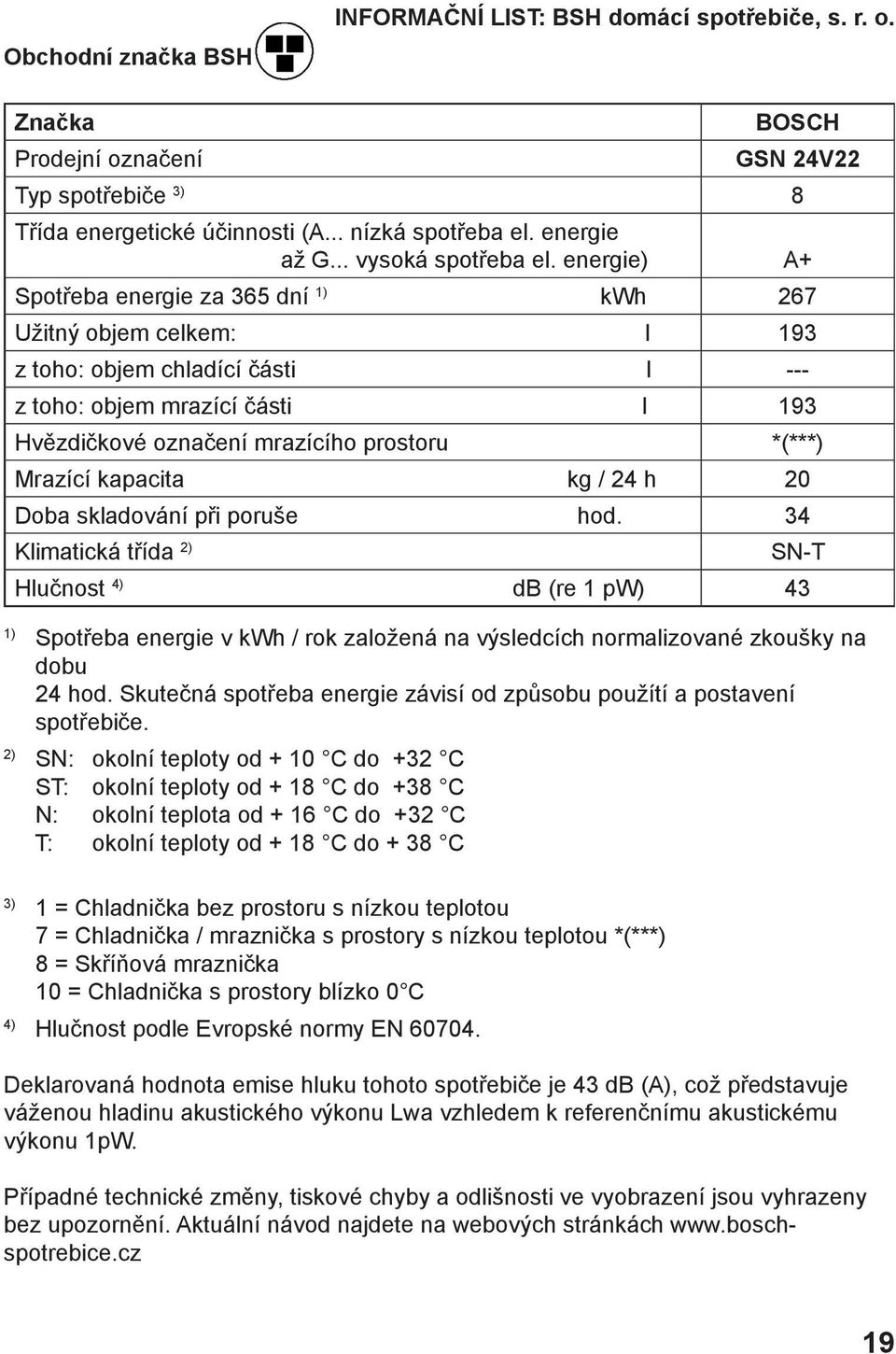 energie) A+ Spotřeba energie za 365 dní 1) kwh 267 Užitný objem celkem: l 193 z toho: objem chladící části l --- z toho: objem mrazící části l 193 Hvězdičkové označení mrazícího prostoru *(***)