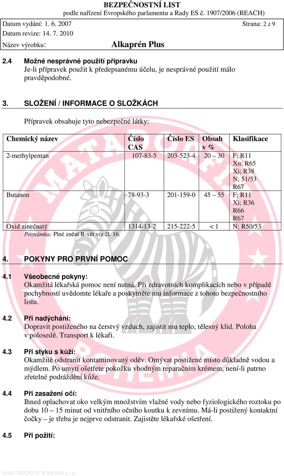 51/53 R67 Butanon 78-93-3 201-159-0 45 55 F; R11 Xi; R36 R66 R67 Oxid zinečnatý 1314-13-2 215-222-5 < 1 N; R50/53 Poznámka: Plné znění R-vět viz čl. 16. 4. POKYNY PRO PRVNÍ POMOC 4.