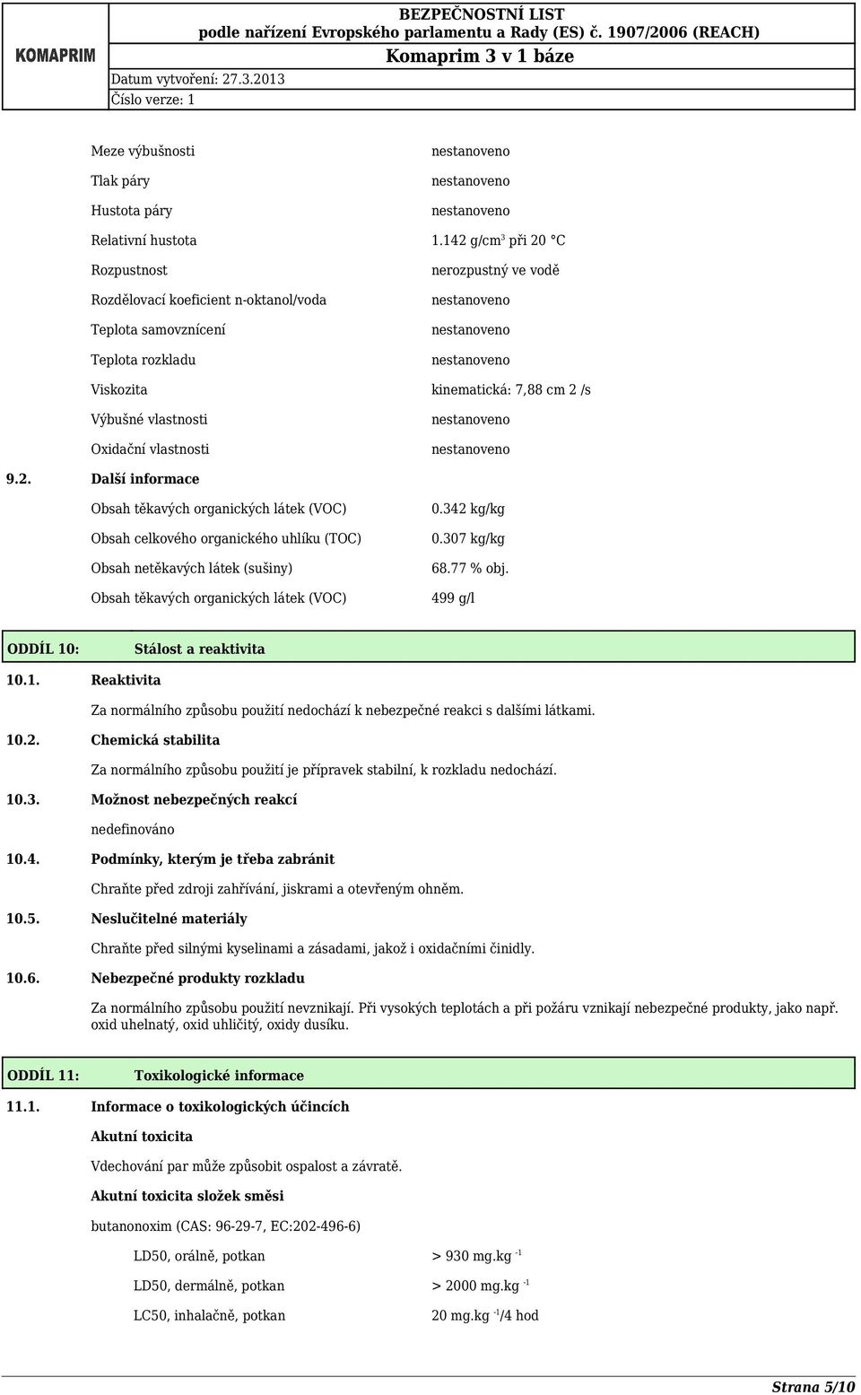 vlastnosti 9.2. Další informace Obsah těkavých organických látek (VOC) Obsah celkového organického uhlíku (TOC) Obsah netěkavých látek (sušiny) Obsah těkavých organických látek (VOC) 0.342 kg/kg 0.