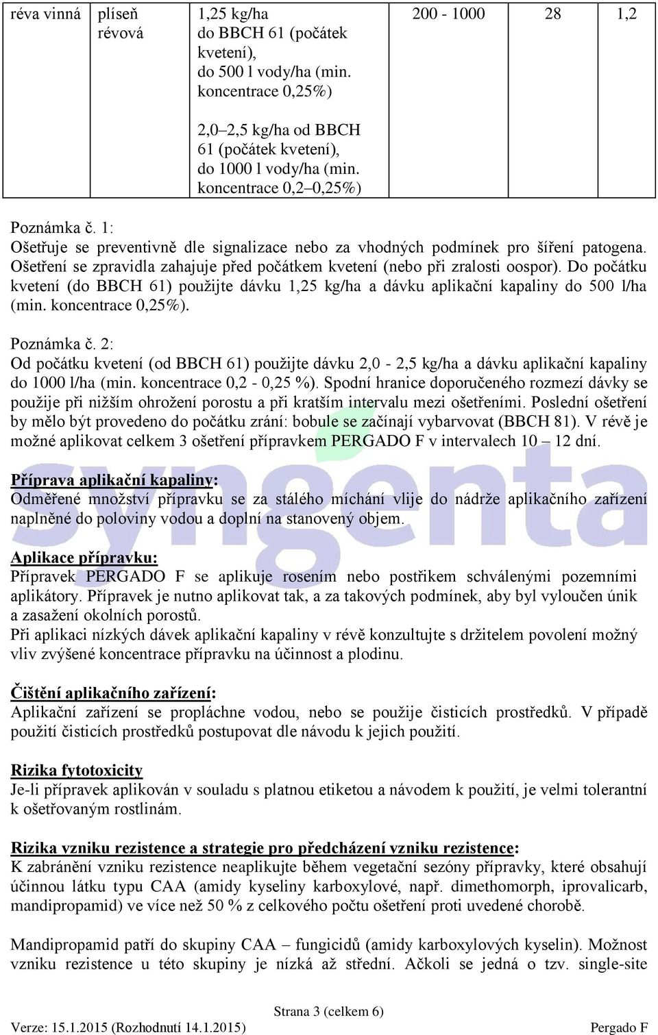 Ošetření se zpravidla zahajuje před počátkem kvetení (nebo při zralosti oospor). Do počátku kvetení (do BBCH 61) použijte dávku 1,25 kg/ha a dávku aplikační kapaliny do 500 l/ha (min.