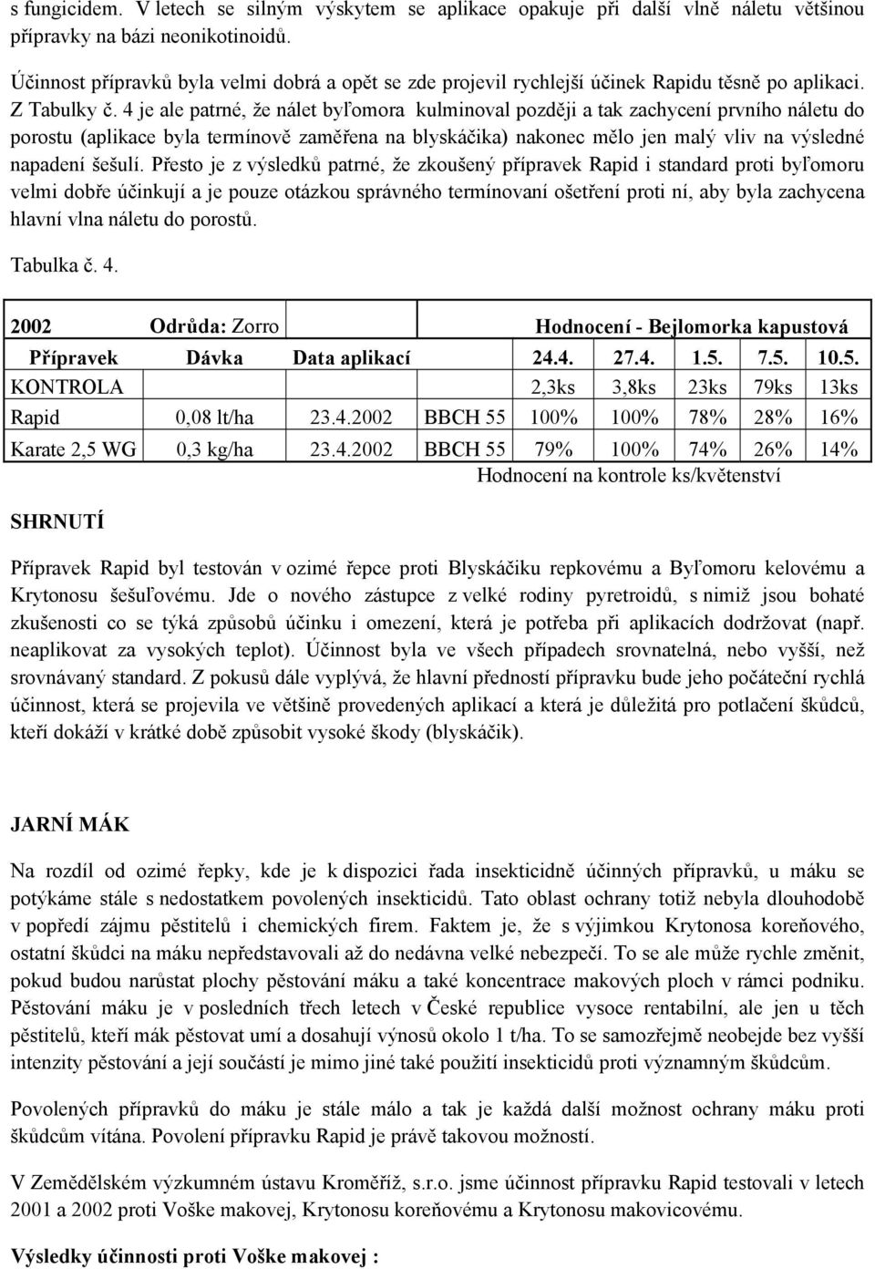 4 je ale patrné, že nálet byľomora kulminoval později a tak zachycení prvního náletu do porostu (aplikace byla termínově zaměřena na blyskáčika) nakonec mělo jen malý vliv na výsledné napadení šešulí.