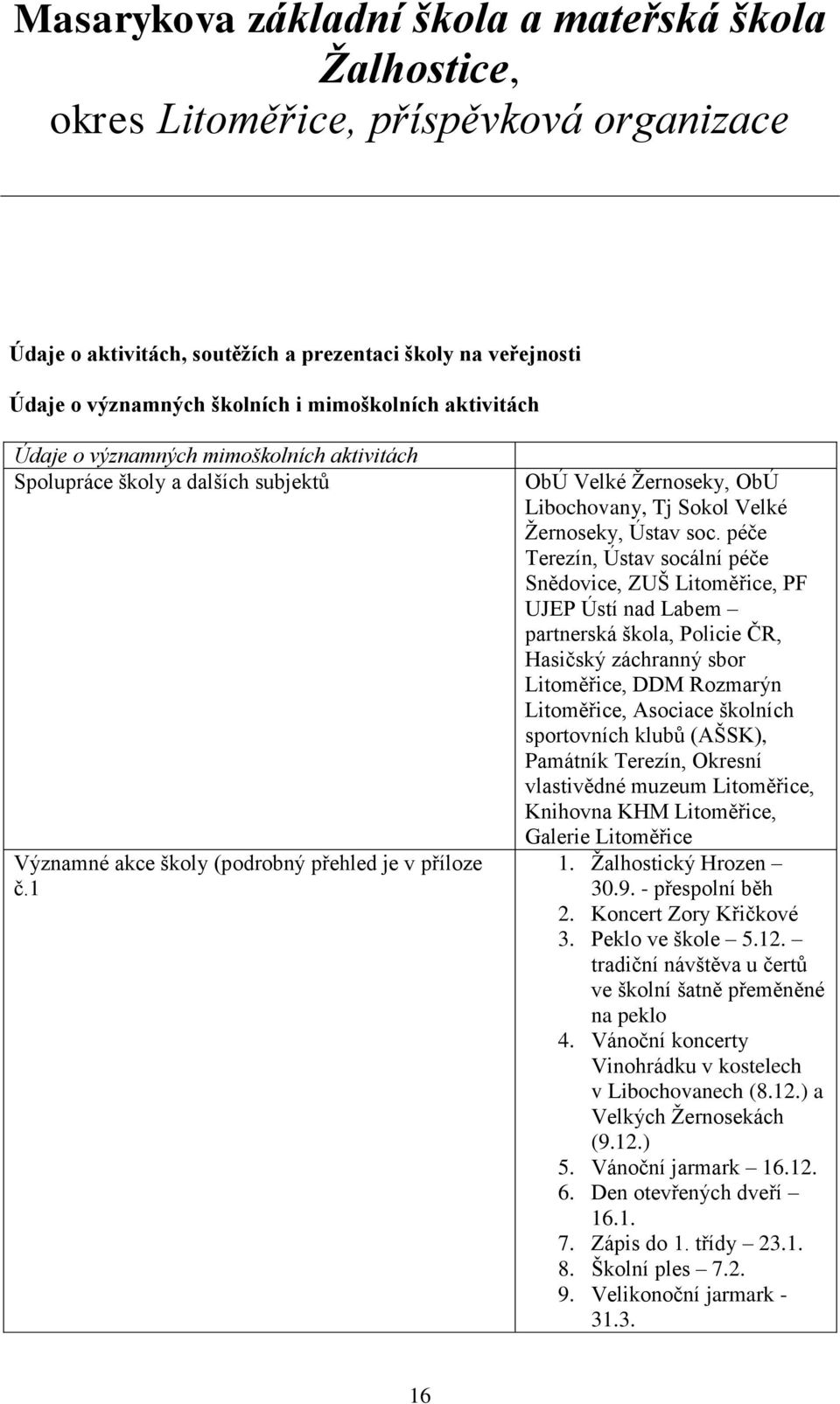 péče Terezín, Ústav socální péče Snědovice, ZUŠ Litoměřice, PF UJEP Ústí nad Labem partnerská škola, Policie ČR, Hasičský záchranný sbor Litoměřice, DDM Rozmarýn Litoměřice, Asociace školních