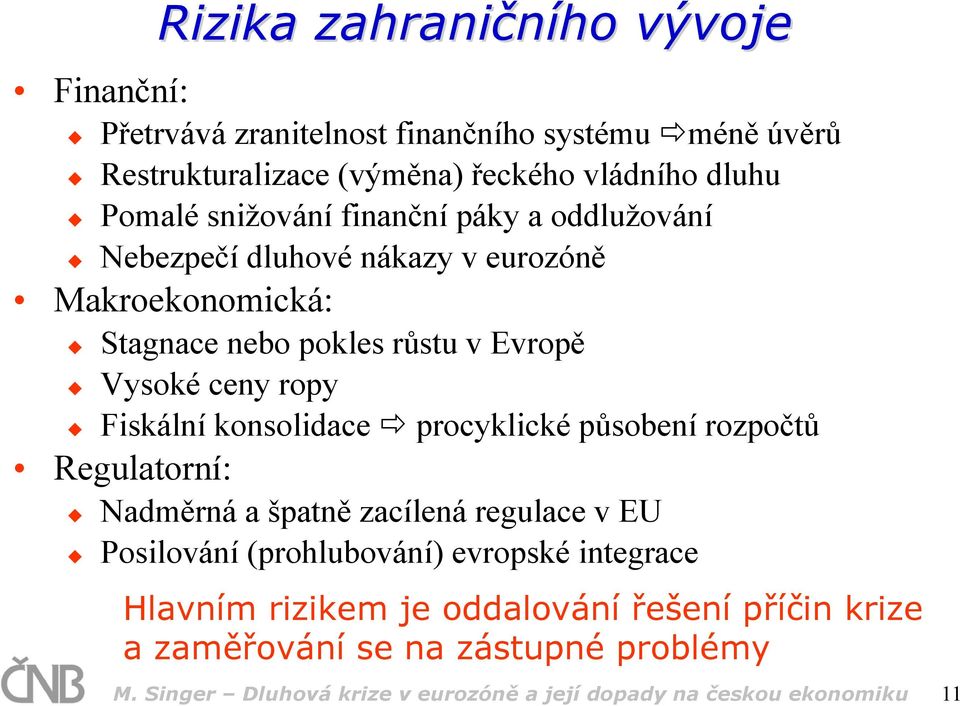 Fiskální konsolidace procyklické působení rozpočtů Regulatorní: Nadměrná a špatně zacílená regulace v EU Posilování (prohlubování) evropské integrace