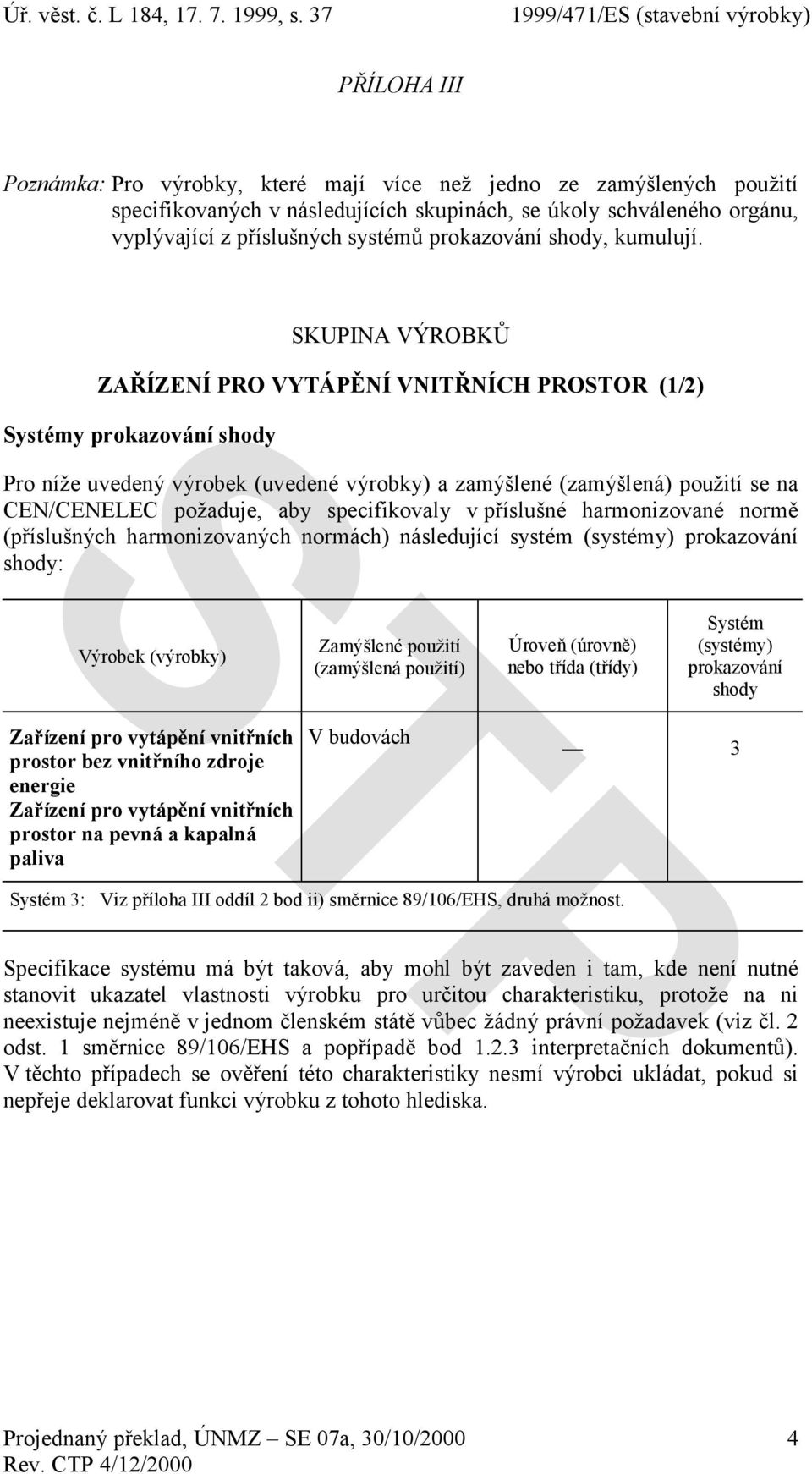 SKUPINA VÝROBKŮ ZAŘÍZENÍ PRO VYTÁPĚNÍ VNITŘNÍCH PROSTOR (1/2) Systémy prokazování shody Pro níže uvedený výrobek (uvedené výrobky) a zamýšlené (zamýšlená) použití se na CEN/CENELEC požaduje, aby