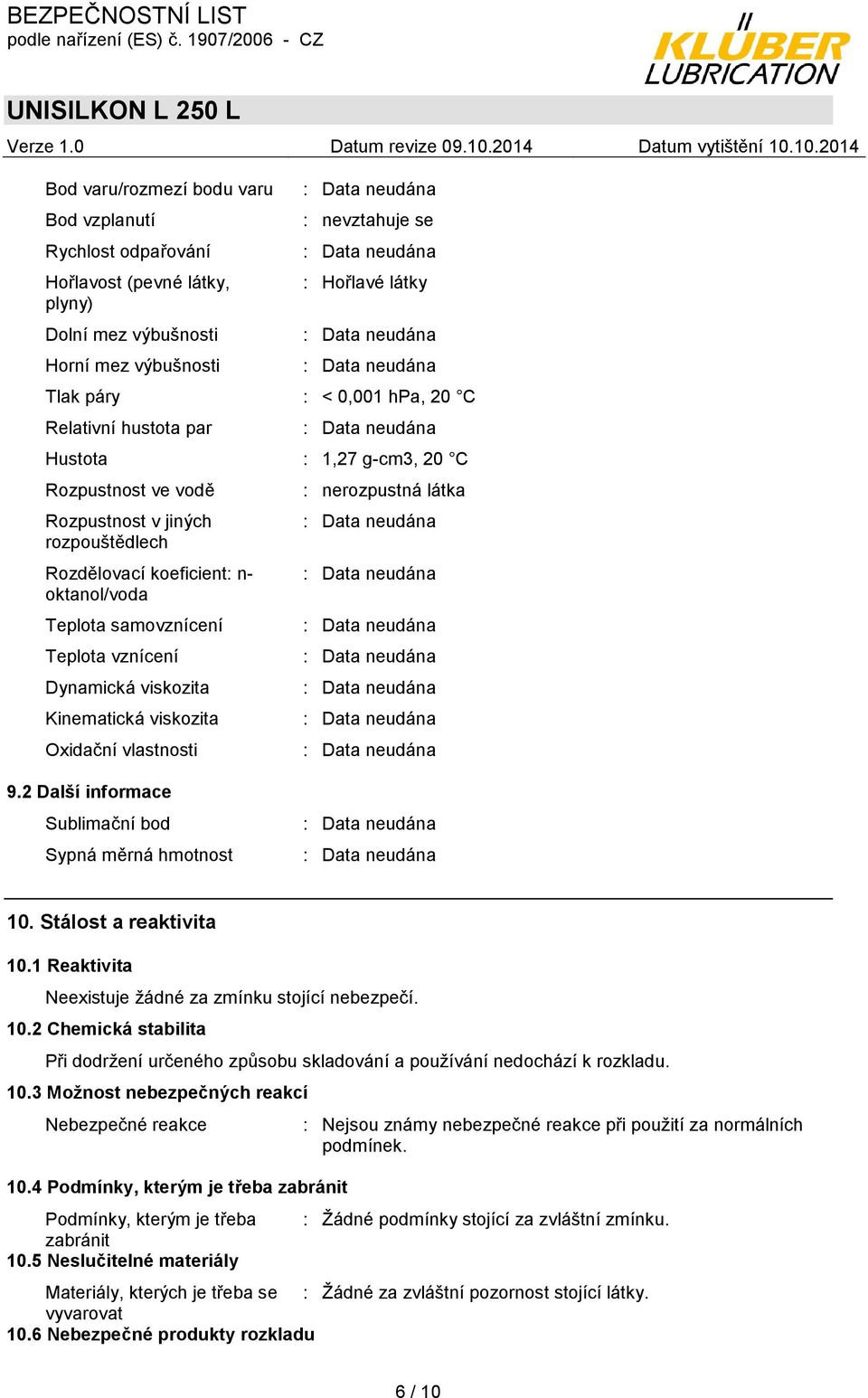 viskozita Kinematická viskozita Oxidační vlastnosti : nerozpustná látka 9.2 Další informace Sublimační bod Sypná měrná hmotnost 10. Stálost a reaktivita 10.