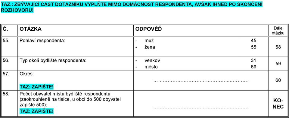 Typ okolí bydliště respondenta: - venkov - město. Okres: TAZ: ZAPIŠTE!