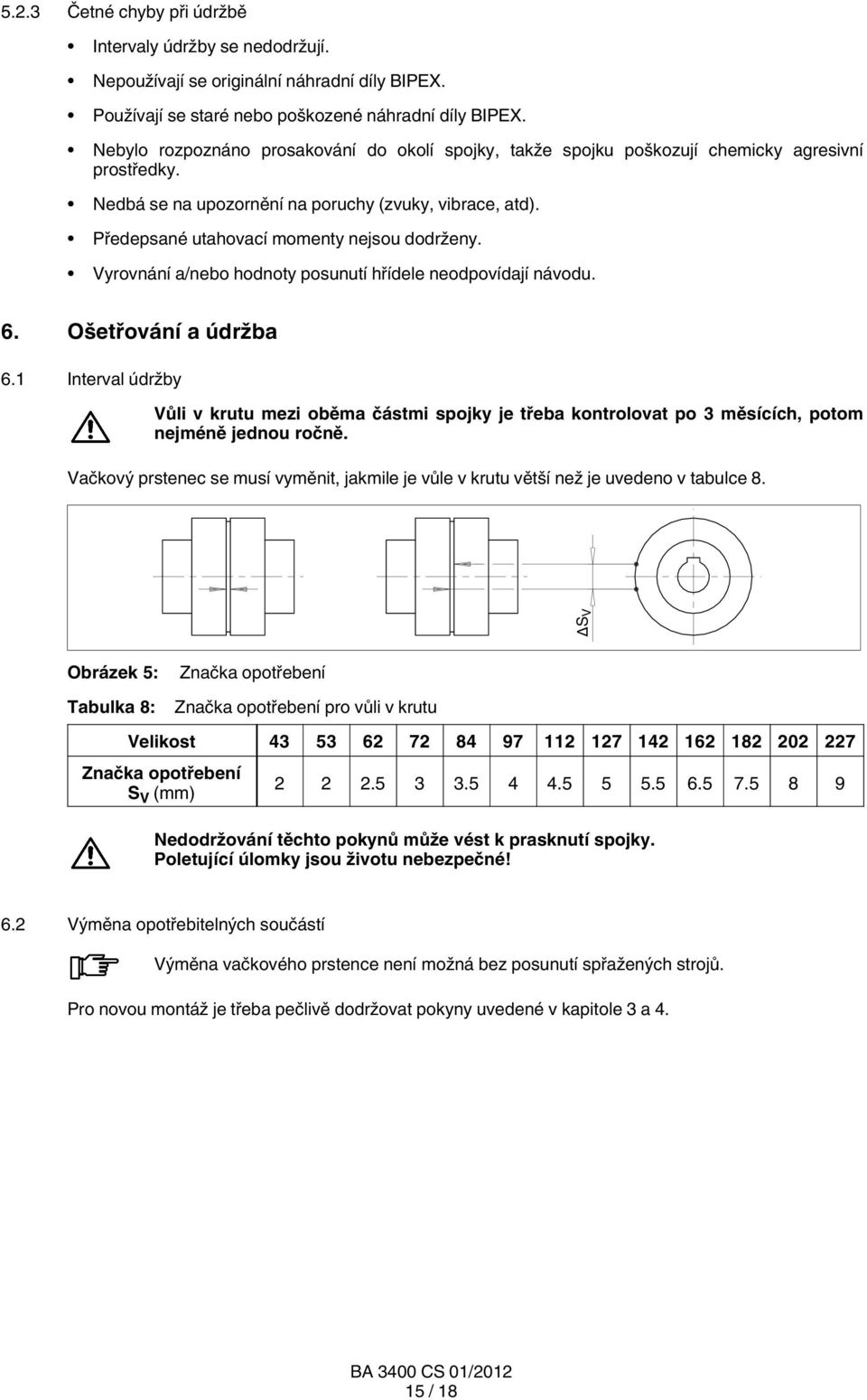 Předepsané utahovací momenty nejsou dodrženy. Vyrovnání a/nebo hodnoty posunutí hřídele neodpovídají návodu. 6. Ošetřování a údržba 6.