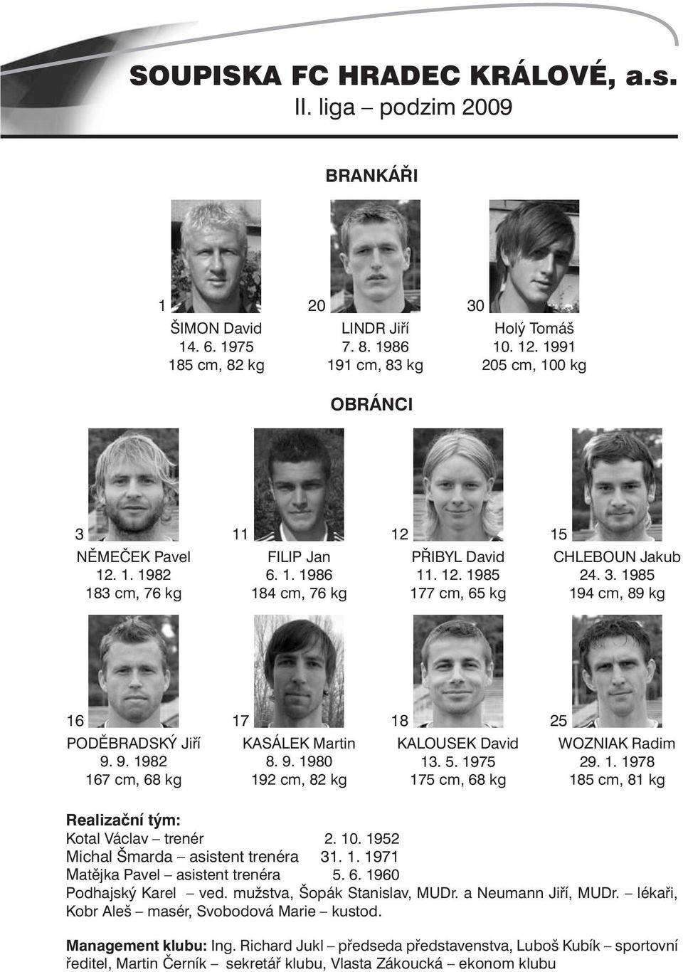 9. 1982 167 cm, 68 kg 17 KASÁLEK Martin 8. 9. 1980 192 cm, 82 kg 18 KALOUSEK David 13. 5. 1975 175 cm, 68 kg 25 WOZNIAK Radim 29. 1. 1978 185 cm, 81 kg Realizační tým: Kotal Václav trenér 2. 10.
