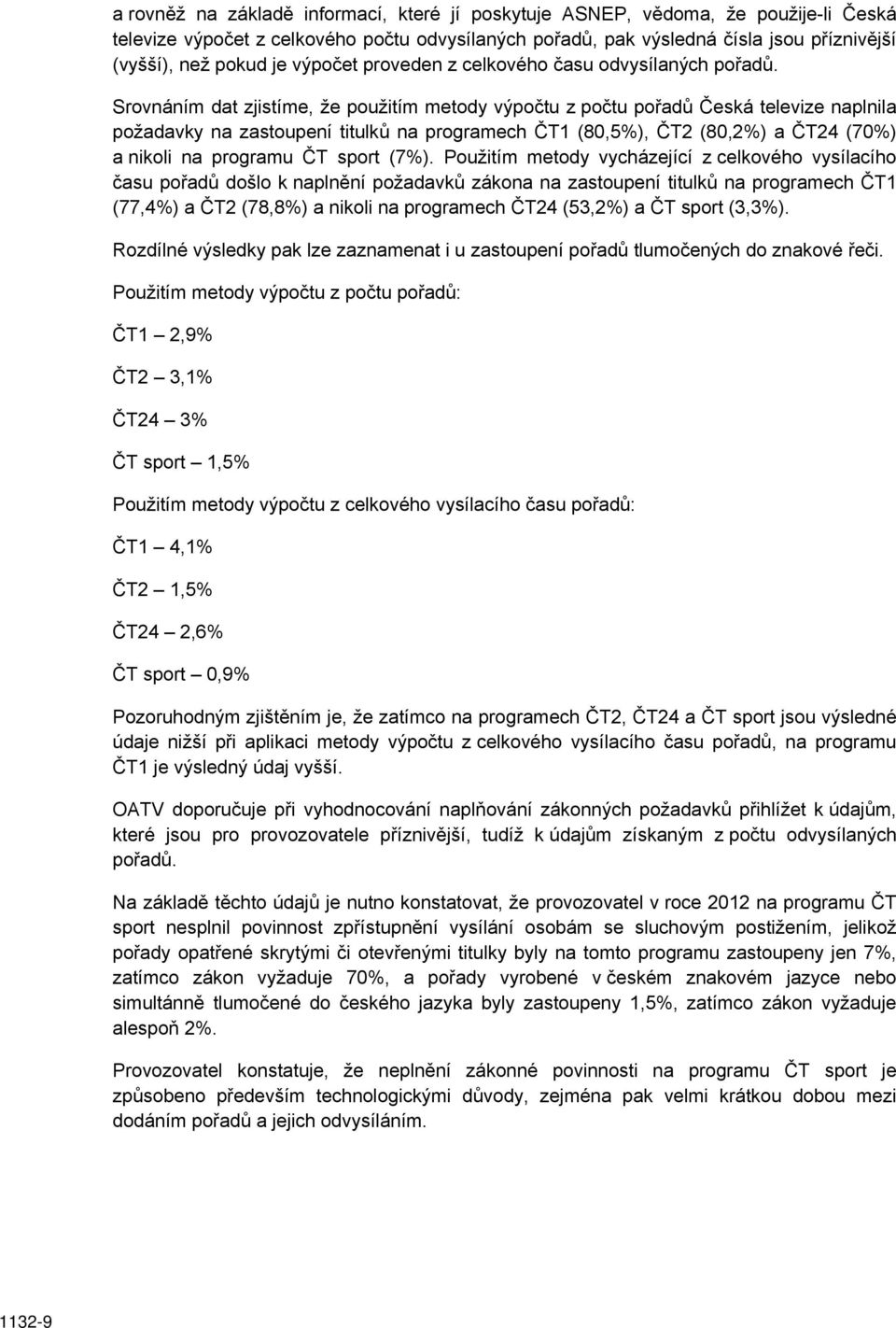 Srovnáním dat zjistíme, že použitím metody výpočtu z počtu pořadů Česká televize naplnila požadavky na zastoupení titulků na programech ČT1 (80,5%), ČT2 (80,2%) a ČT24 (70%) a nikoli na programu ČT