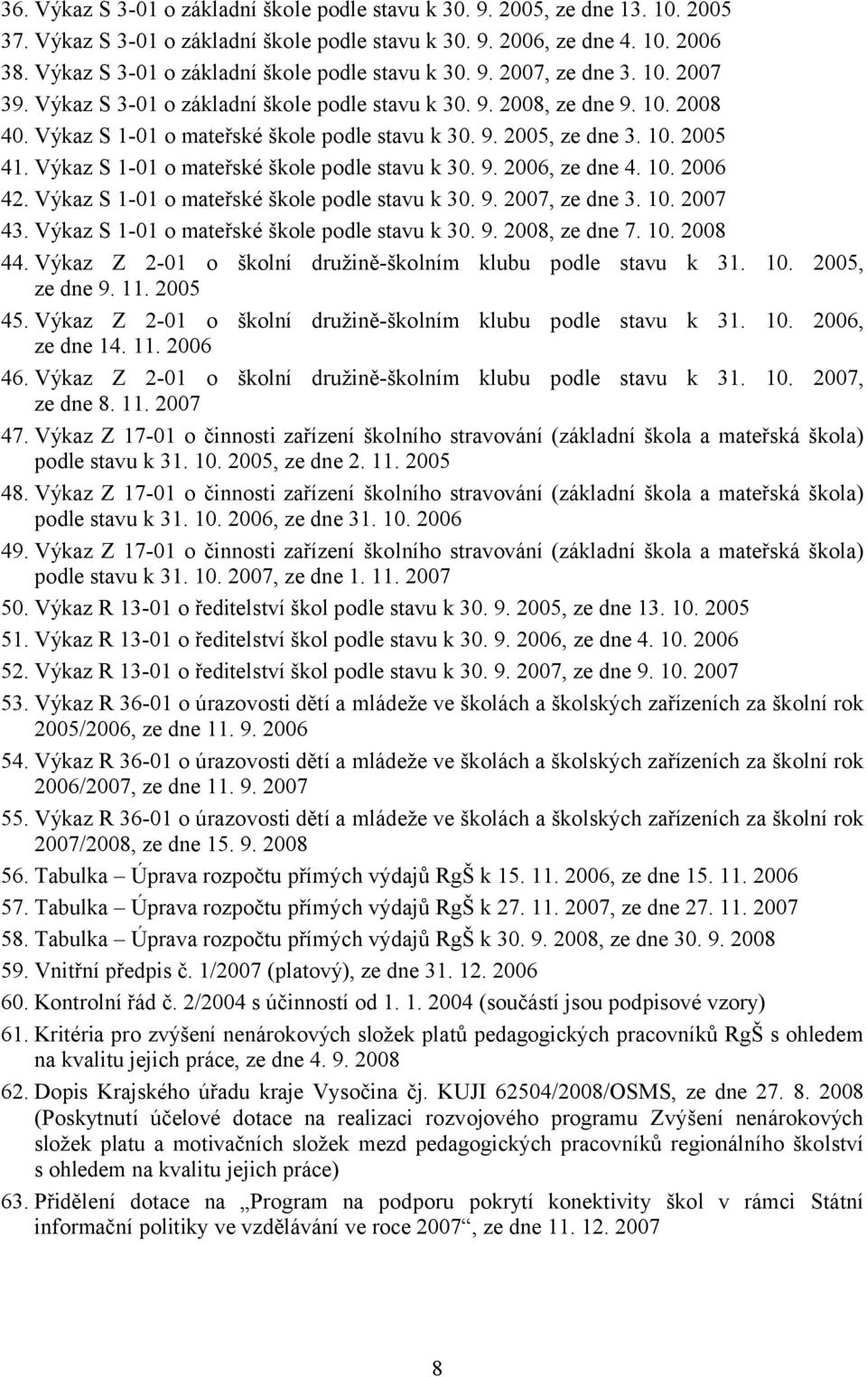 Výkaz S 1-01 o mateřské škole podle stavu k 30. 9. 2005, ze dne 3. 10. 2005 41. Výkaz S 1-01 o mateřské škole podle stavu k 30. 9. 2006, ze dne 4. 10. 2006 42.