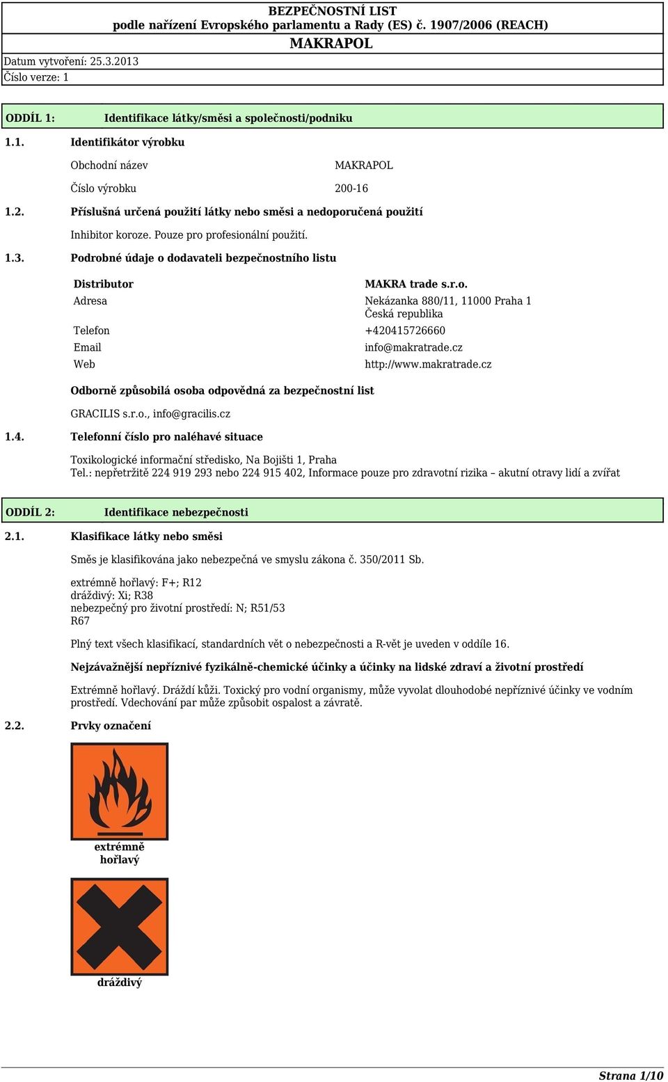 r.o., info@gracilis.cz 1.4. Telefonní číslo pro naléhavé situace info@makratrade.cz http://www.makratrade.cz Toxikologické informační středisko, Na Bojišti 1, Praha Tel.