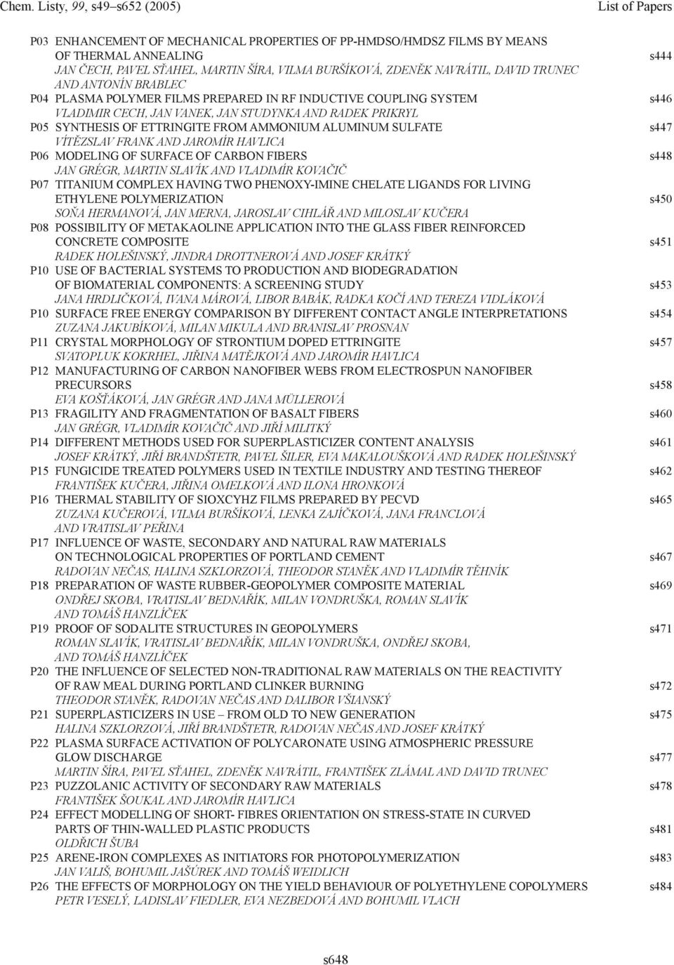 AND JAROMÍR HAVLICA P06 MODELING OF SURFACE OF CARBON FIBERS JAN GRÉGR, MARTIN SLAVÍK AND VLADIMÍR KOVAČIČ P07 TITANIUM COMPLEX HAVING TWO PHENOXY-IMINE CHELATE LIGANDS FOR LIVING ETHYLENE