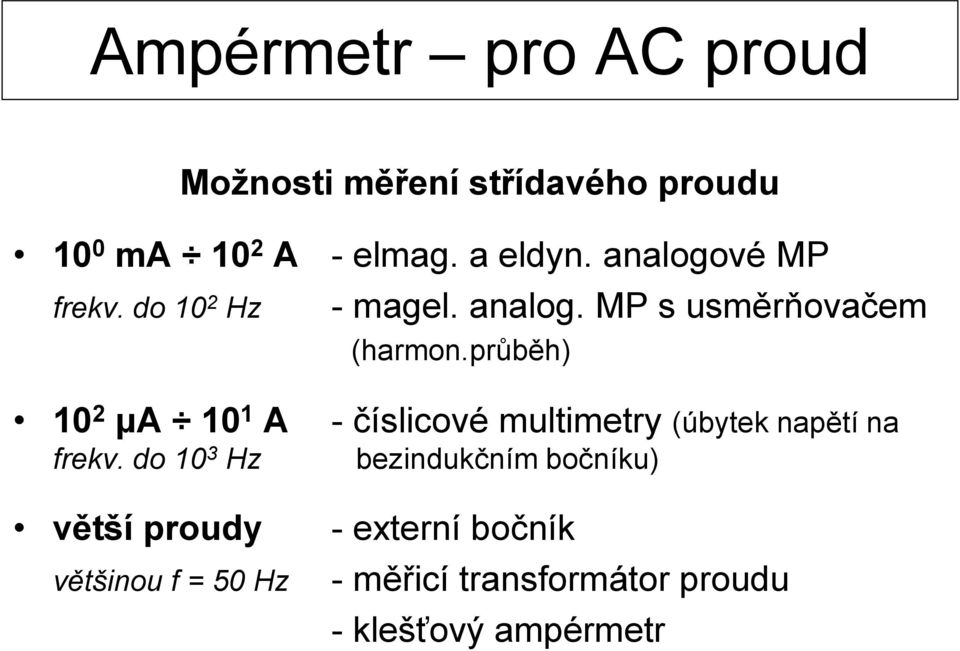 průběh) 10 2 μa 10 1 A - číslicové multimetry (úbytek napětí na frekv.