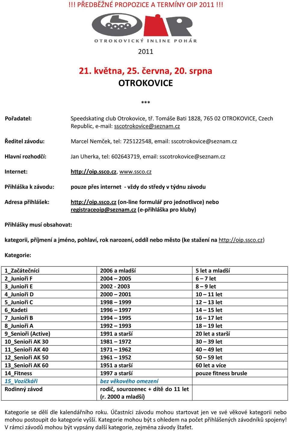 Tomáše Bati 1828, 765 02 OTROKOVICE, Czech Republic, e-mail: sscotrokovice@seznam.cz Marcel Nemček, tel: 725122548, email: sscotrokovice@seznam.