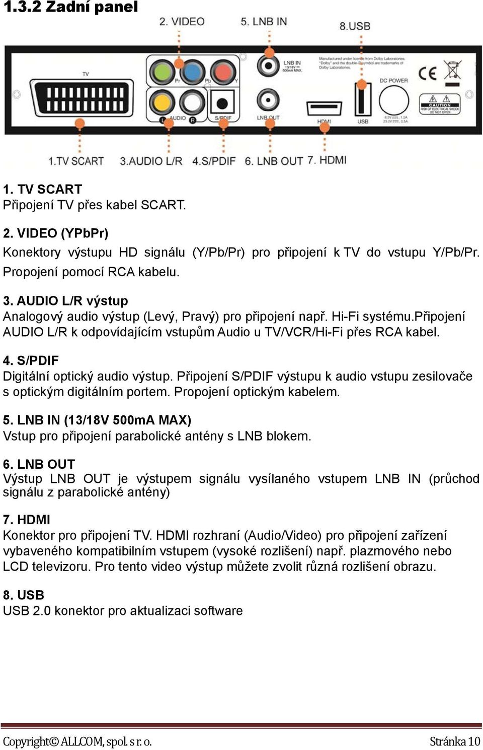 S/PDIF Digitální optický audio výstup. Připojení S/PDIF výstupu k audio vstupu zesilovače s optickým digitálním portem. Propojení optickým kabelem. 5.