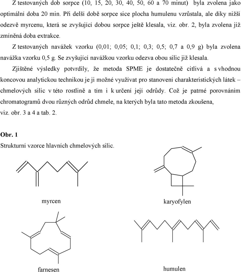 Z testovaných navážek vzorku (,1;,5;,1;,3;,5;,7 a,9 g) byla zvolena navážka vzorku,5 g. Se zvyšující navážkou vzorku odezva obou silic již klesala.