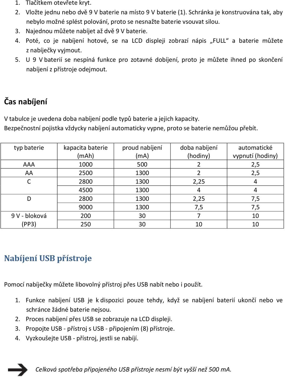 U 9 V baterií se nespíná funkce pro zotavné dobíjení, proto je můžete ihned po skončení nabíjení z přístroje odejmout.