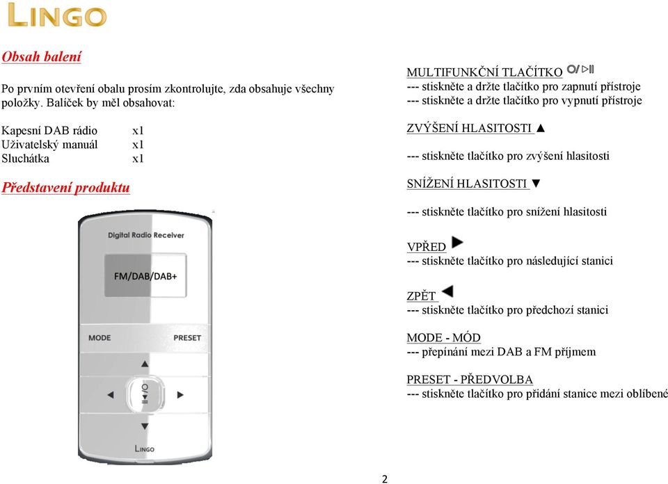 rádio Uživatelský manuál Sluchátka Představení produktu x1 x1 x1 ZVÝŠENÍ HLASITOSTI --- stiskněte tlačítko pro zvýšení hlasitosti SNÍŽENÍ HLASITOSTI --- stiskněte