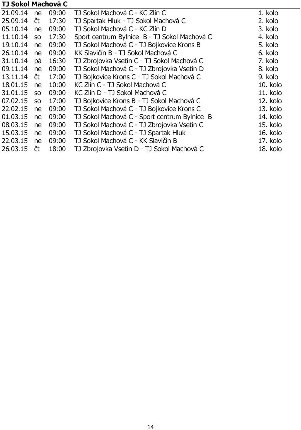 10.14 pá 16:30 TJ Zbrojovka Vsetín C - TJ Sokol Machová C 7. kolo 09.11.14 ne 09:00 TJ Sokol Machová C - TJ Zbrojovka Vsetín D 8. kolo 13.11.14 čt 17:00 TJ Bojkovice Krons C - TJ Sokol Machová C 9.