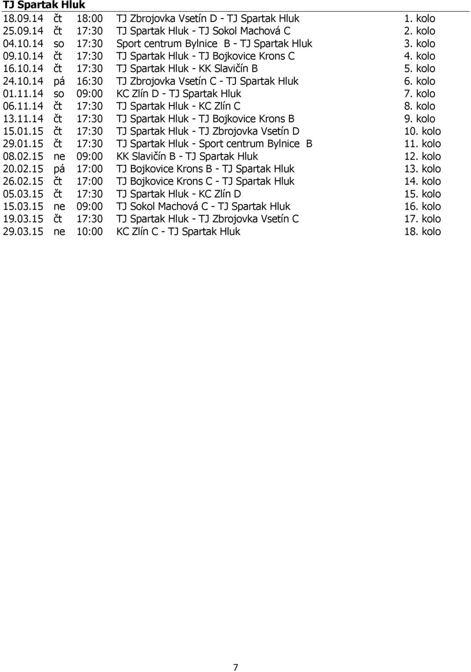 kolo 01.11.14 so 09:00 KC Zlín D - TJ Spartak Hluk 7. kolo 06.11.14 čt 17:30 TJ Spartak Hluk - KC Zlín C 8. kolo 13.11.14 čt 17:30 TJ Spartak Hluk - TJ Bojkovice Krons B 9. kolo 15.01.15 čt 17:30 TJ Spartak Hluk - TJ Zbrojovka Vsetín D 10.