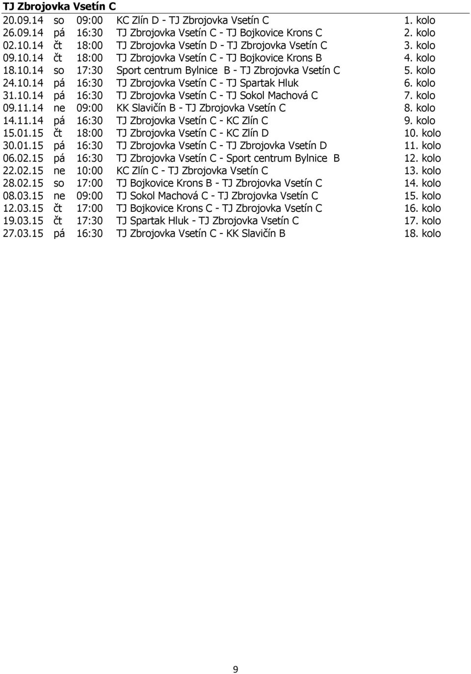 kolo 24.10.14 pá 16:30 TJ Zbrojovka Vsetín C - TJ Spartak Hluk 6. kolo 31.10.14 pá 16:30 TJ Zbrojovka Vsetín C - TJ Sokol Machová C 7. kolo 09.11.14 ne 09:00 KK Slavičín B - TJ Zbrojovka Vsetín C 8.