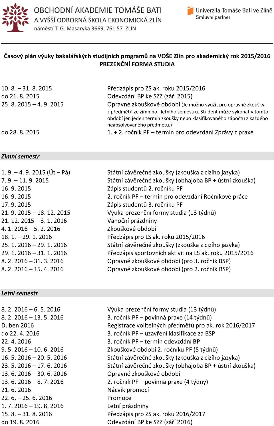 9. 11. 9. 2015 Státní závěrečné zkoušky (obhajoba BP + ústní zkouška) 16. 9. 2015 Zápis studentů 2. ročníku PF 16. 9. 2015 2. ročník PF termín pro odevzdání Ročníkové práce 17. 9. 2015 Zápis studentů 3.