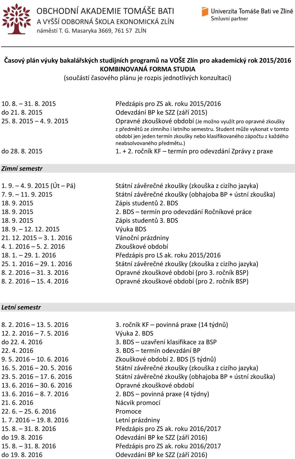 + 2. ročník KF termín pro odevzdání Zprávy z praxe Zimní semestr 1. 9. 4. 9. 2015 (Út Pá) Státní závěrečné zkoušky (zkouška z cizího jazyka) 7. 9. 11. 9. 2015 Státní závěrečné zkoušky (obhajoba BP + ústní zkouška) 18.