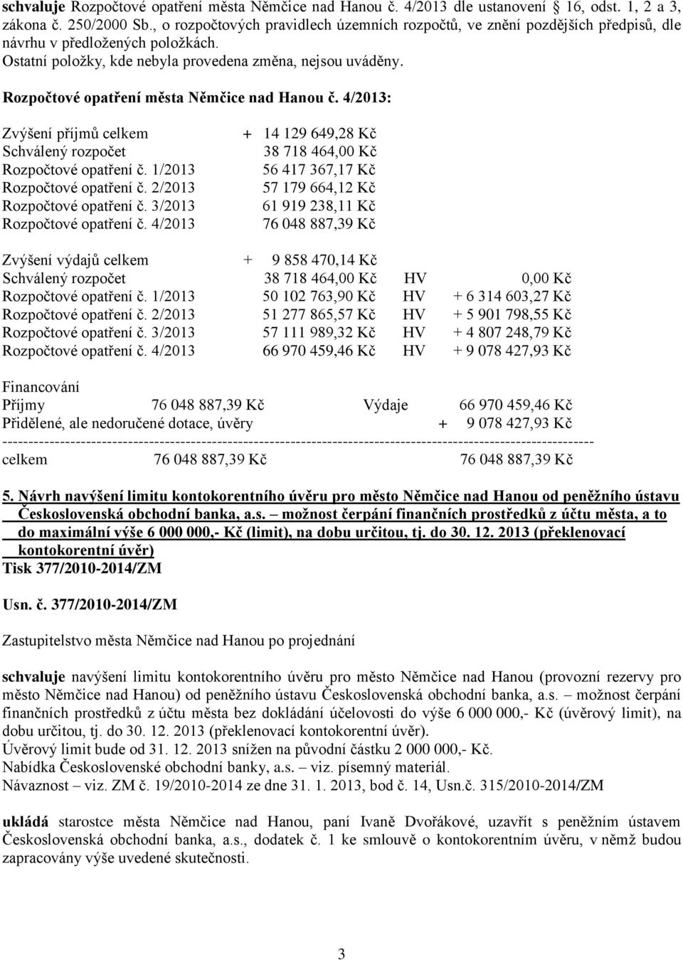 Rozpočtové opatření města Němčice nad Hanou č. 4/2013: Zvýšení příjmů celkem Schválený rozpočet Rozpočtové opatření č. 1/2013 Rozpočtové opatření č. 2/2013 Rozpočtové opatření č.