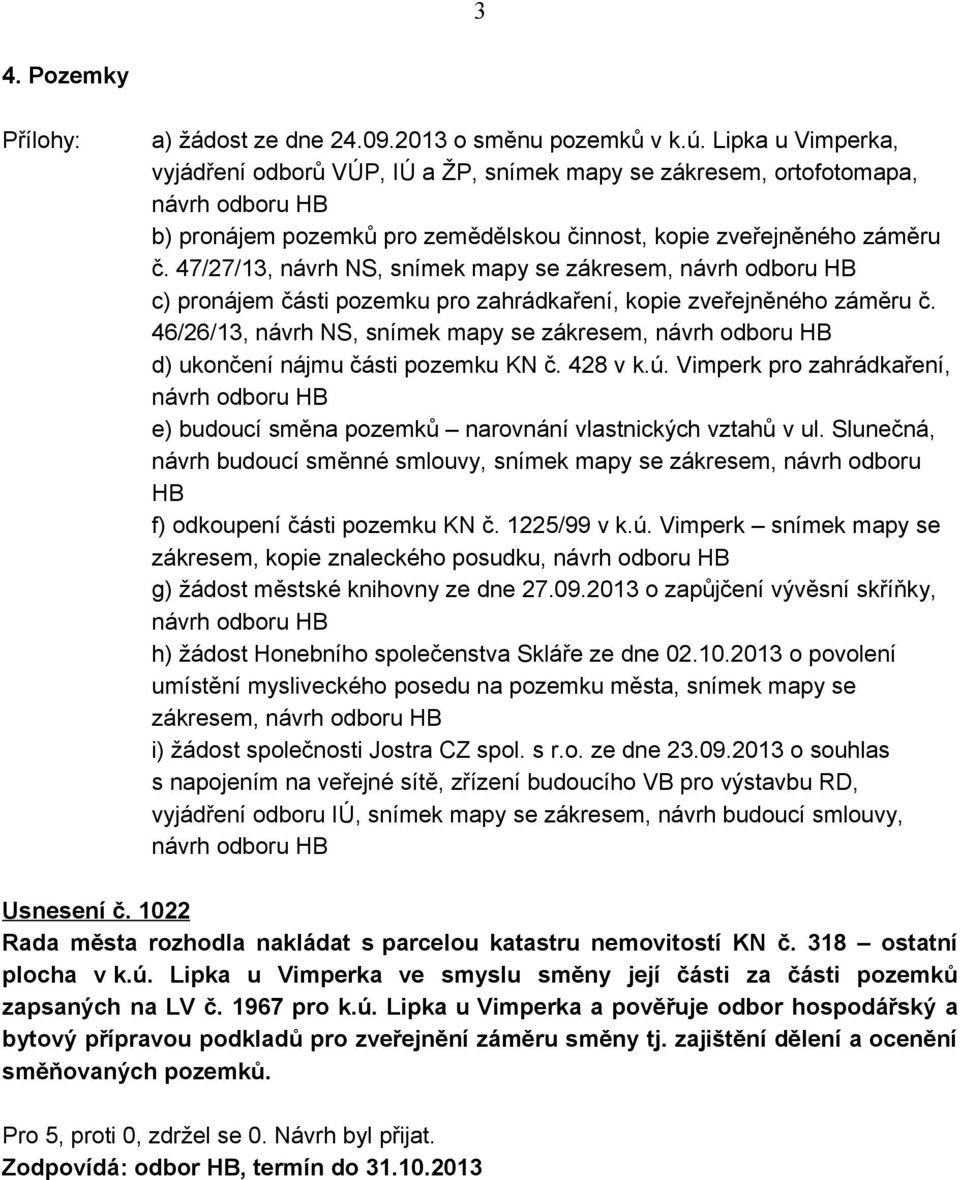 47/27/13, návrh NS, snímek mapy se zákresem, návrh odboru HB c) pronájem části pozemku pro zahrádkaření, kopie zveřejněného záměru č.