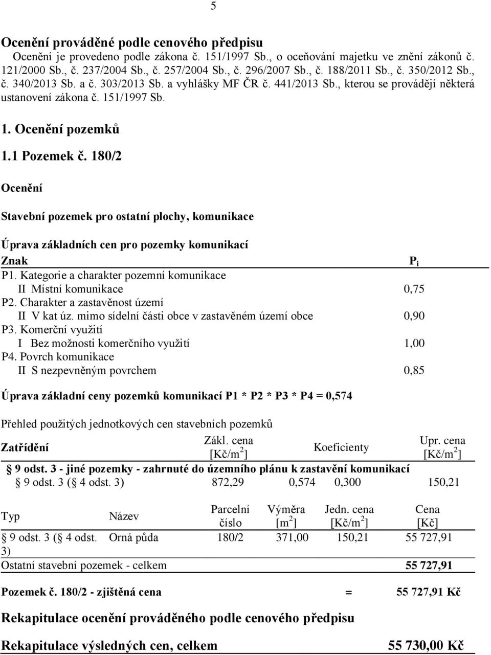 180/2 Ocenění Stavební pozemek pro ostatní plochy, komunikace Úprava základních cen pro pozemky komunikací Znak P i P1. Kategorie a charakter pozemní komunikace II Místní komunikace 0,75 P2.