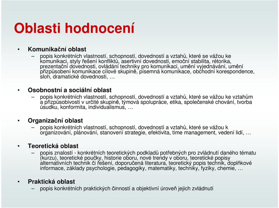 dovednosti, Osobnostní a sociální oblast popis konkrétních vlastností, schopností, dovedností a vztahů, které se vážou ke vztahům a přizpůsobivosti v určité skupině, týmová spolupráce, etika,