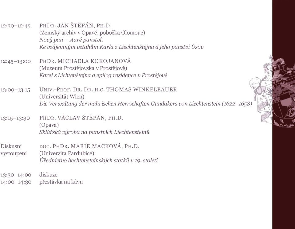 MICHAELA KOKOJANOVÁ (Muzeum Prostějovska v Prostějově) Karel z Lichtenštejna a epilog rezidence v Prostějově 13:00 13:15 UNIV.-PROF. DR. DR. H.C. THOMAS WINKELBAUER (Universität Wien) Die Verwaltung der mährischen Herrschaften Gundakers von Liechtenstein (1622 1658) 13:15 13:30 PHDR.