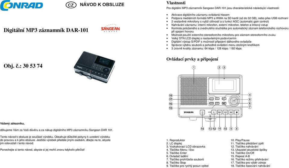 (automatic gain control) Nahrávání záznamu: interní mikrofon, externí mikrofon, telefon a linkový vstup Kontrola položeného a zvednutého sluchátka pro automatický záznam telefonického rozhovoru při