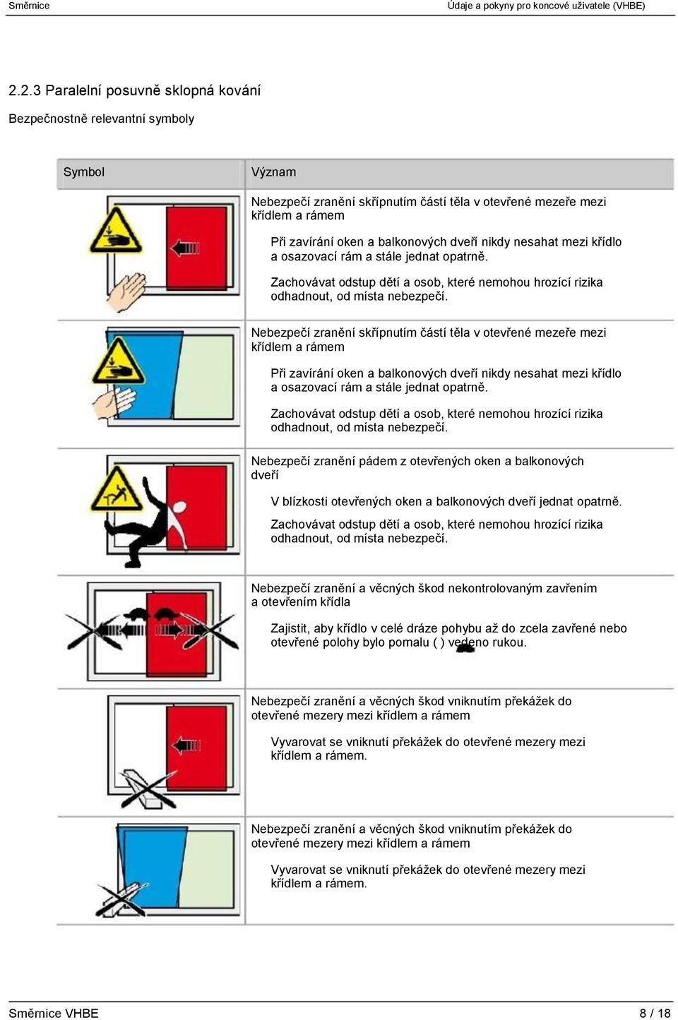 Nebezpečí zranění skřípnutím částí těla v otevřené mezeře mezi křídlem a rámem Při zavírání oken a balkonových dveří  Nebezpečí zranění pádem z otevřených oken a balkonových dveří V blízkosti