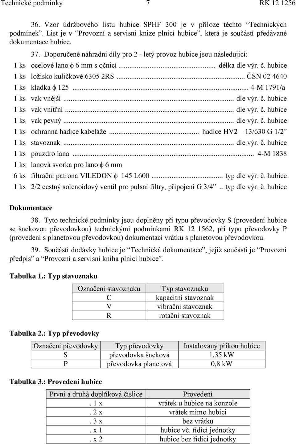 Doporučené náhradní díly pro 2 - letý provoz hubice jsou následující: 1 ks ocelové lano 6 mm s očnicí... délka dle výr. č. hubice 1 ks ložisko kuličkové 6305 2RS... ČSN 02 4640 1 ks kladka 125.