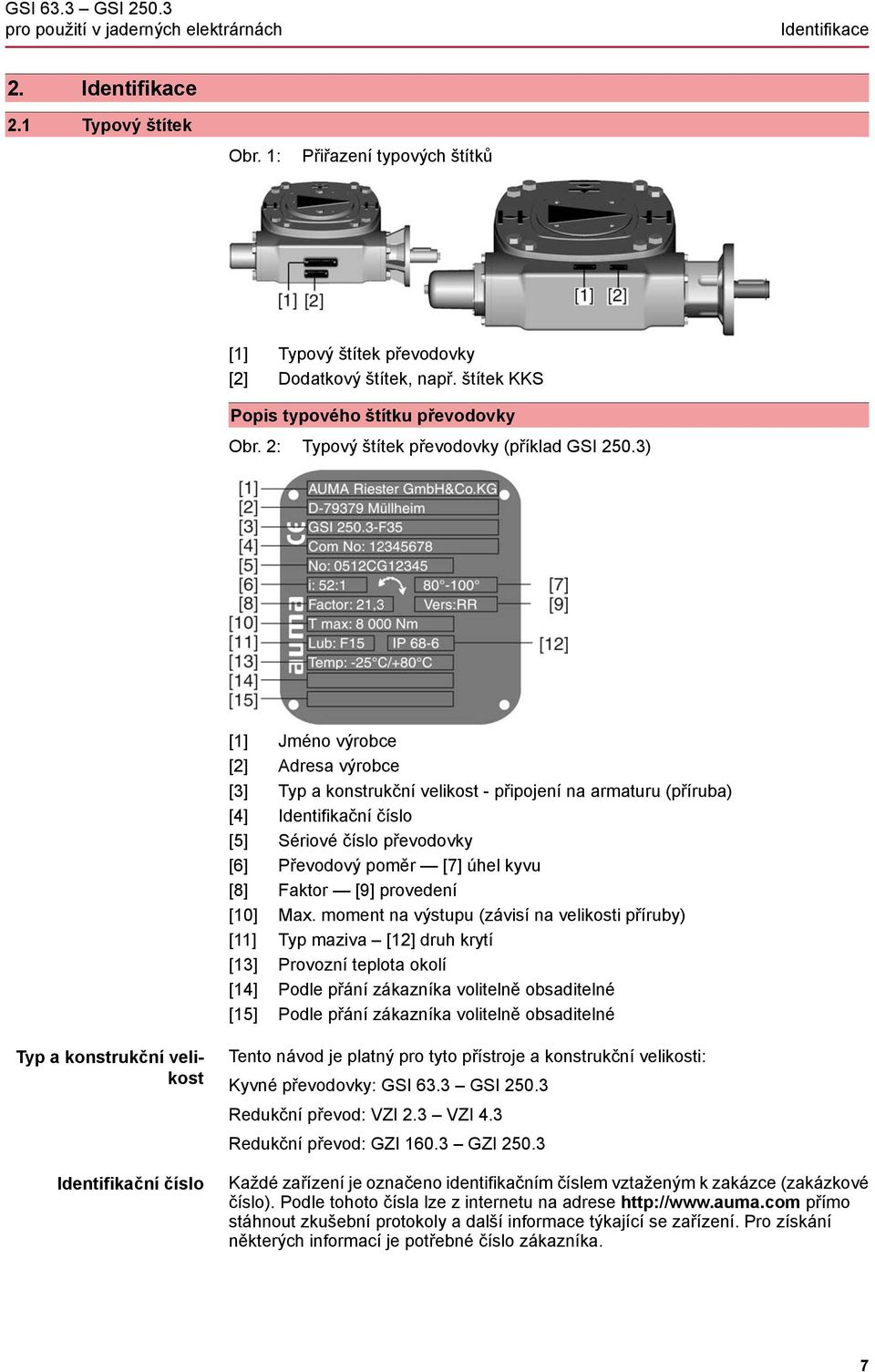 3) [1] Jméno výrobce [2] Adresa výrobce [3] Typ a konstrukční velikost - připojení na armaturu (příruba) [4] Identifikační číslo [5] Sériové číslo převodovky [6] Převodový poměr [7] úhel kyvu [8]