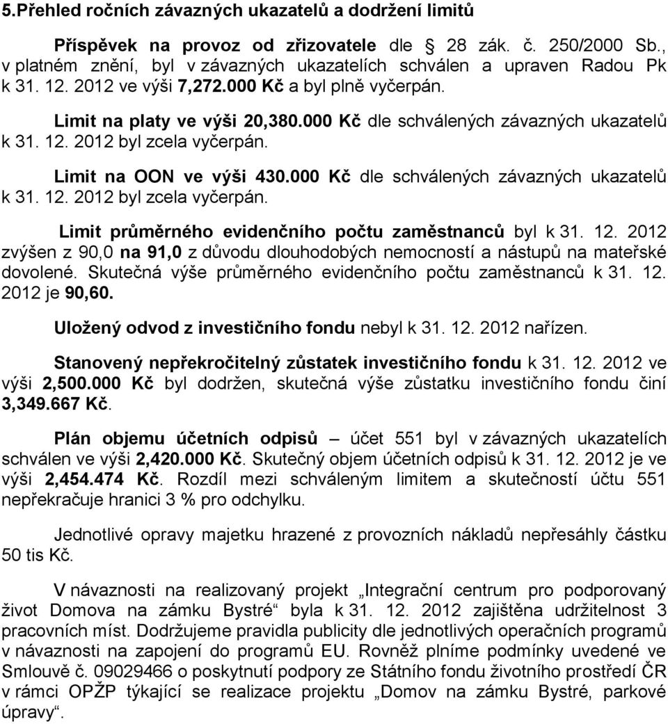 000 Kč dle schválených závazných ukazatelů k 31. 12. 2012 byl zcela vyčerpán. Limit průměrného evidenčního počtu zaměstnanců byl k 31. 12. 2012 zvýšen z 90,0 na 91,0 z důvodu dlouhodobých nemocností a nástupů na mateřské dovolené.