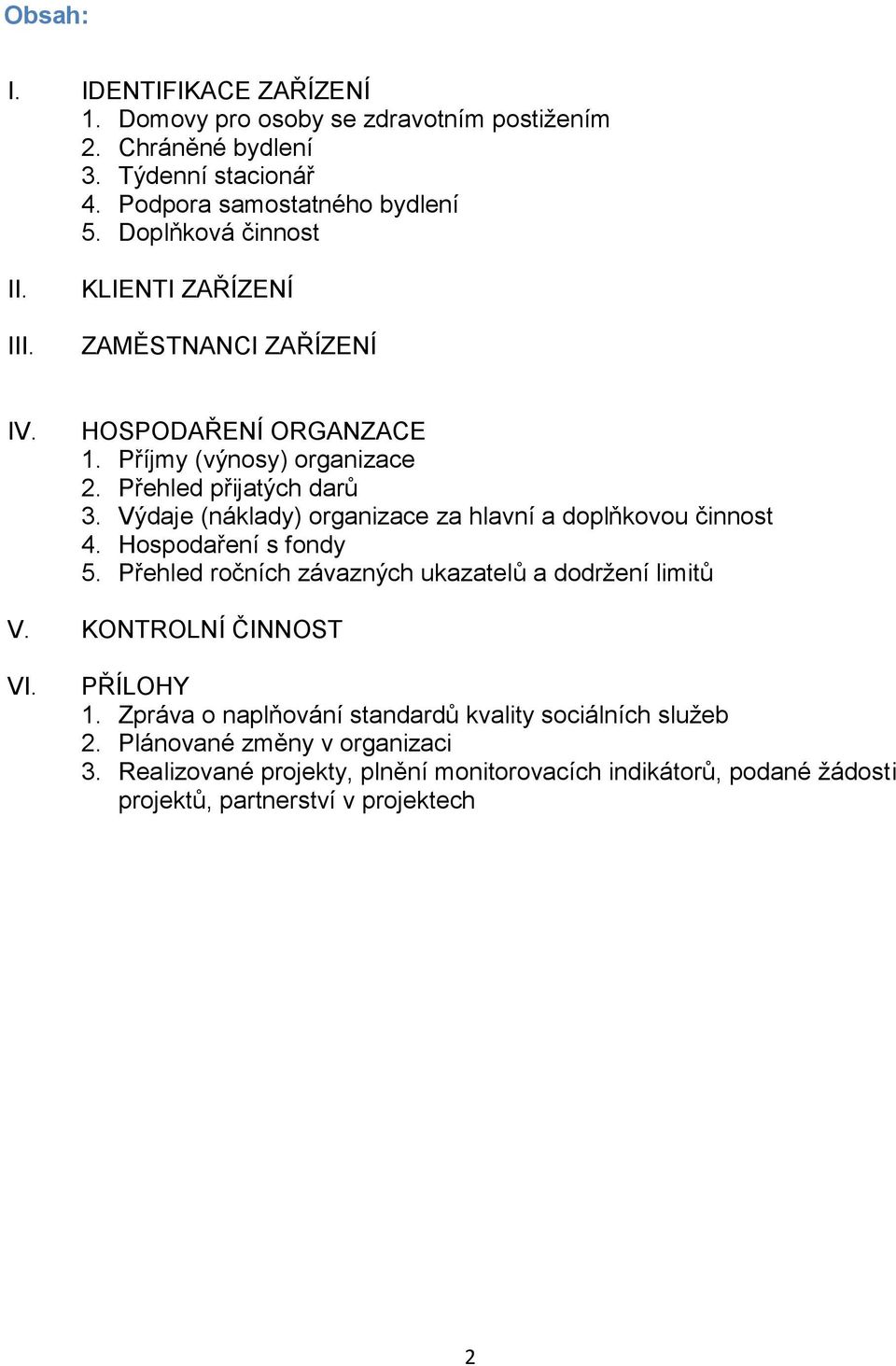 Výdaje (náklady) organizace za hlavní a doplňkovou činnost 4. Hospodaření s fondy 5. Přehled ročních závazných ukazatelů a dodržení limitů V. KONTROLNÍ ČINNOST VI.