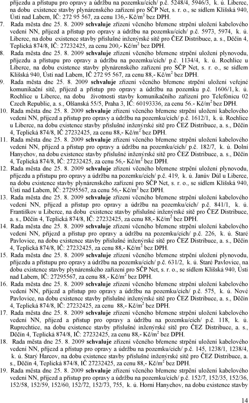 ržbu na pozemku/cích/ p.č. 5973, 5974, k. ú. Liberec, na dobu existence stavby příslušné inženýrské sítě pro ČEZ Distribuce, a. s., Děčín 4, Teplická 874/8, IČ: 27232425, za cenu 200,- Kč/m 2 bez DPH.