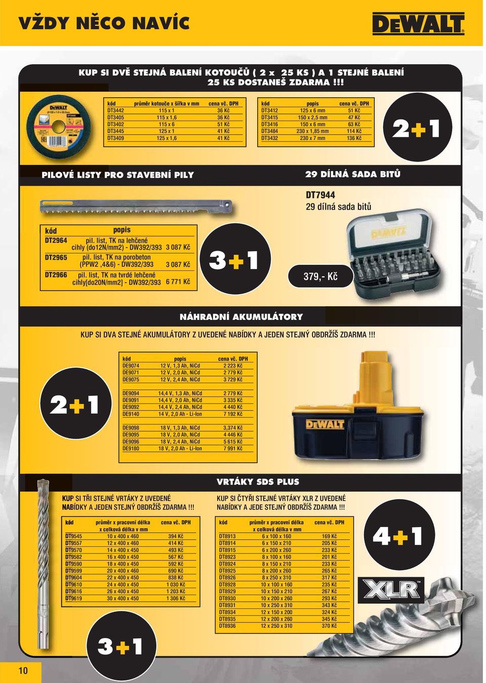 DPH DT3412 125 x 6 mm 51 Kč DT3415 150 x 2,5 mm 47 Kč DT3416 150 x 6 mm 63 Kč DT3484 230 x 1,85 mm 114 Kč DT3432 230 x 7 mm 136 Kč 2+1 PILOVÉ LISTY PRO STAVEBNÍ PILY 29 DÍLNÁ SADA BITŮ DT7944 29