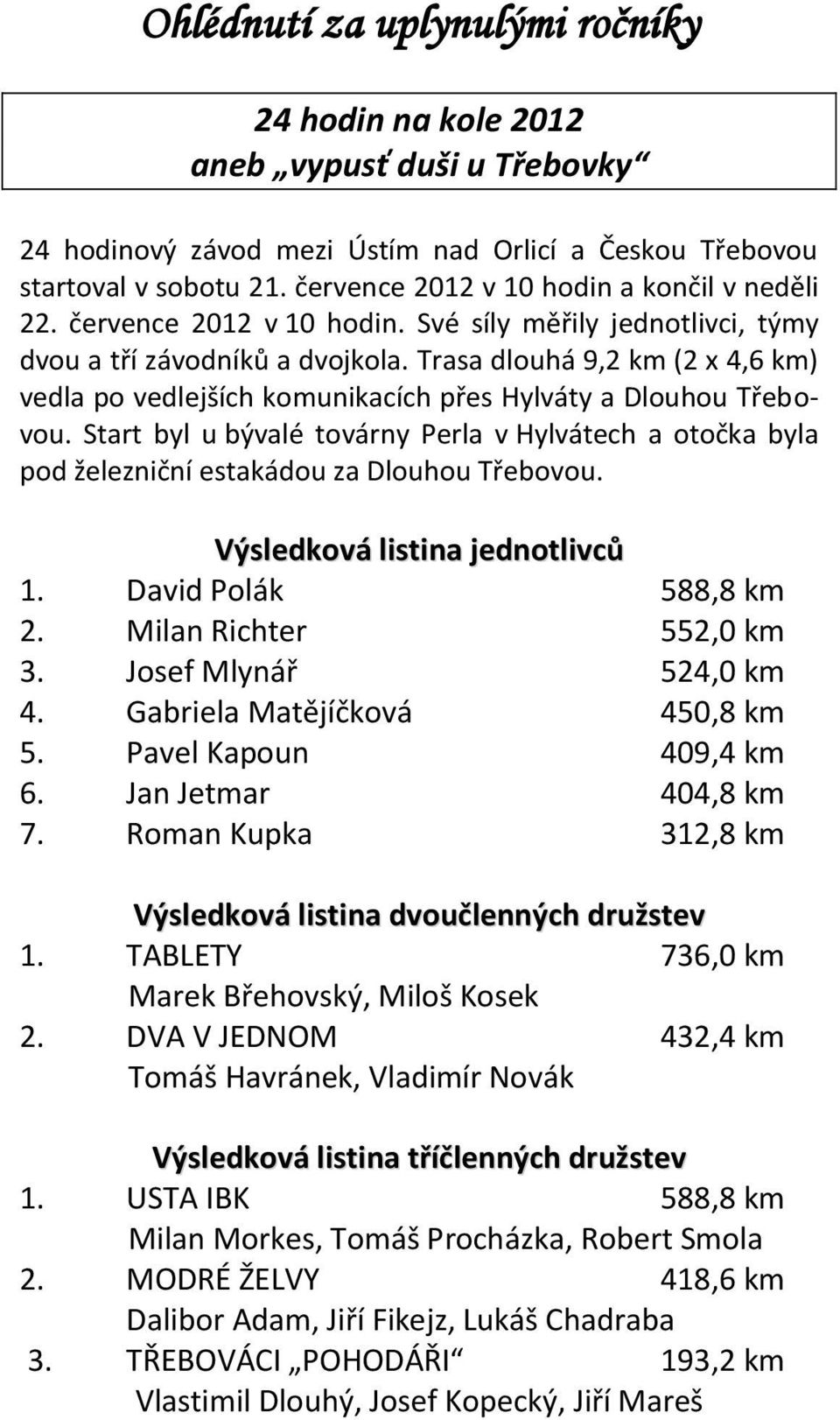 Trasa dlouhá 9,2 km (2 x 4,6 km) vedla po vedlejších komunikacích přes Hylváty a Dlouhou Třebovou.