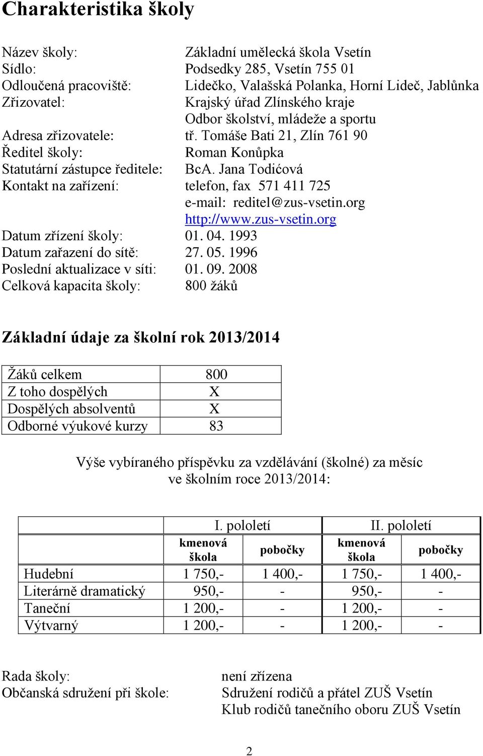 Jana Todićová Kontakt na zařízení: telefon, fax 571 411 725 e-mail: reditel@zus-vsetin.org http://www.zus-vsetin.org Datum zřízení školy: 01. 04. 1993 Datum zařazení do sítě: 27. 05.