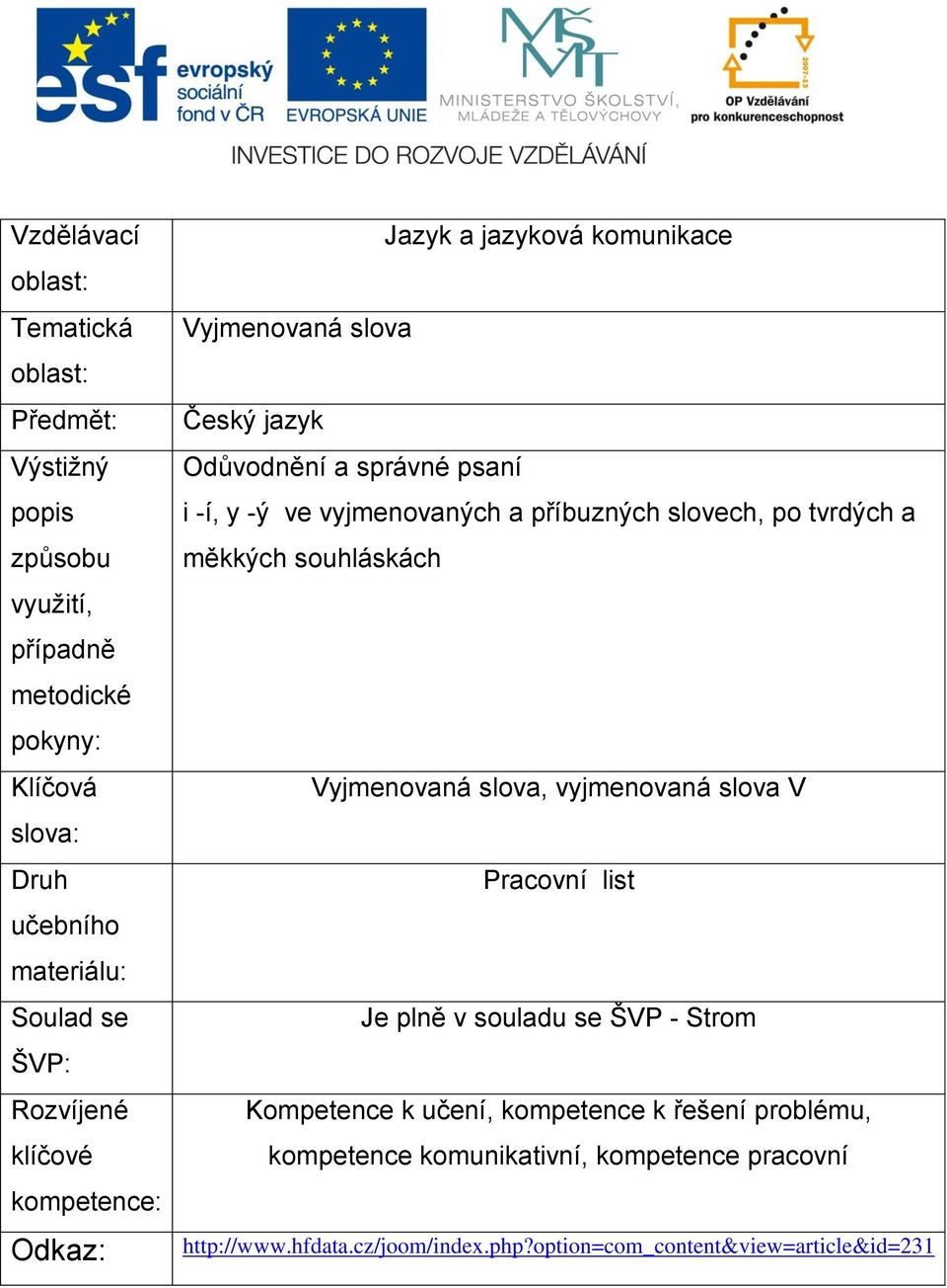 a příbuzných slovech, po tvrdých a měkkých souhláskách Vyjmenovaná slova, vyjmenovaná slova V Pracovní list Je plně v souladu se ŠVP - Strom Kompetence k