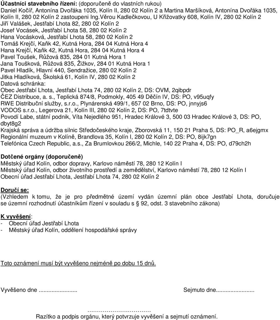 Věrou Kadlečkovou, U Křižovatky 608, Kolín IV, 280 02 Kolín 2 Jiří Valášek, Jestřabí Lhota 82, 280 02 Kolín 2 Josef Vocásek, Jestřabí Lhota 58, 280 02 Kolín 2 Hana Vocásková, Jestřabí Lhota 58, 280