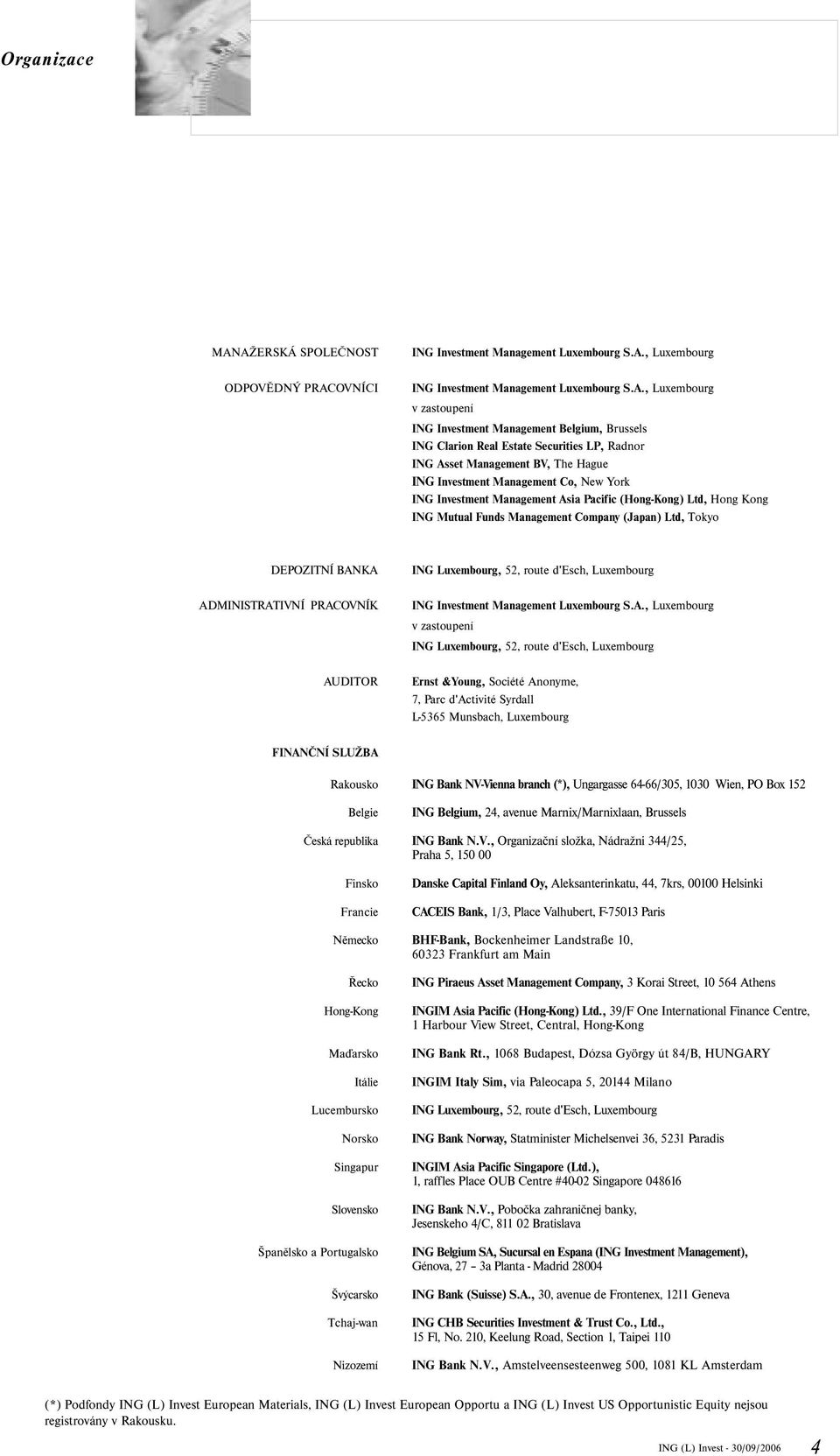 Brussels ING Clarion Real Estate Securities LP, Radnor ING Asset Management BV, The Hague ING Investment Management Co, New York ING Investment Management Asia Pacific (HongKong) Ltd, Hong Kong ING